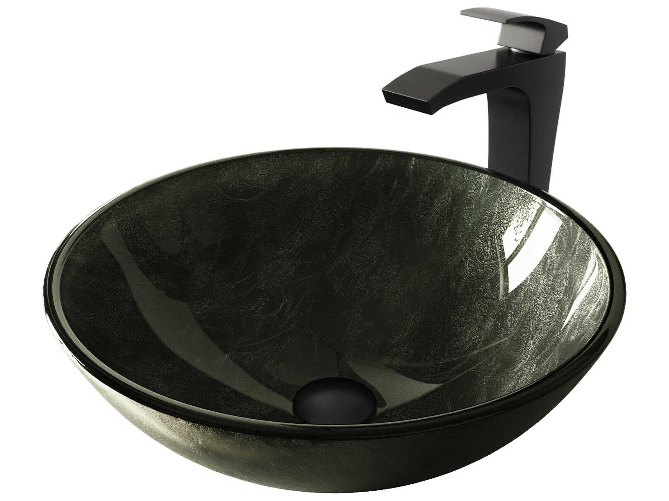 Vigo Onyx Gray 17" Round Vessel Bathroom Sink with Matte Black 1-Lever Blackstonian Faucet and Drain