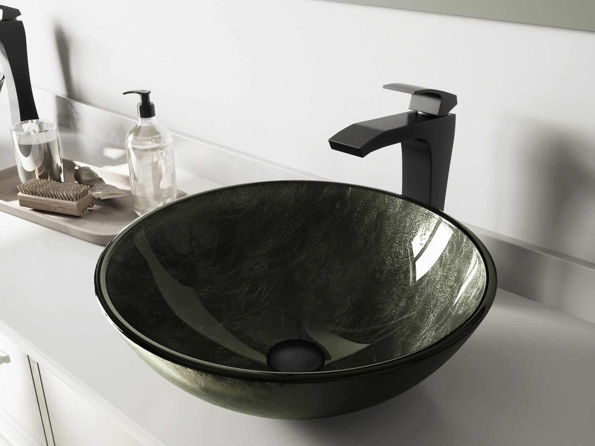 Vigo Onyx Gray 17" Round Vessel Bathroom Sink with Matte Black 1-Lever Blackstonian Faucet and Drain