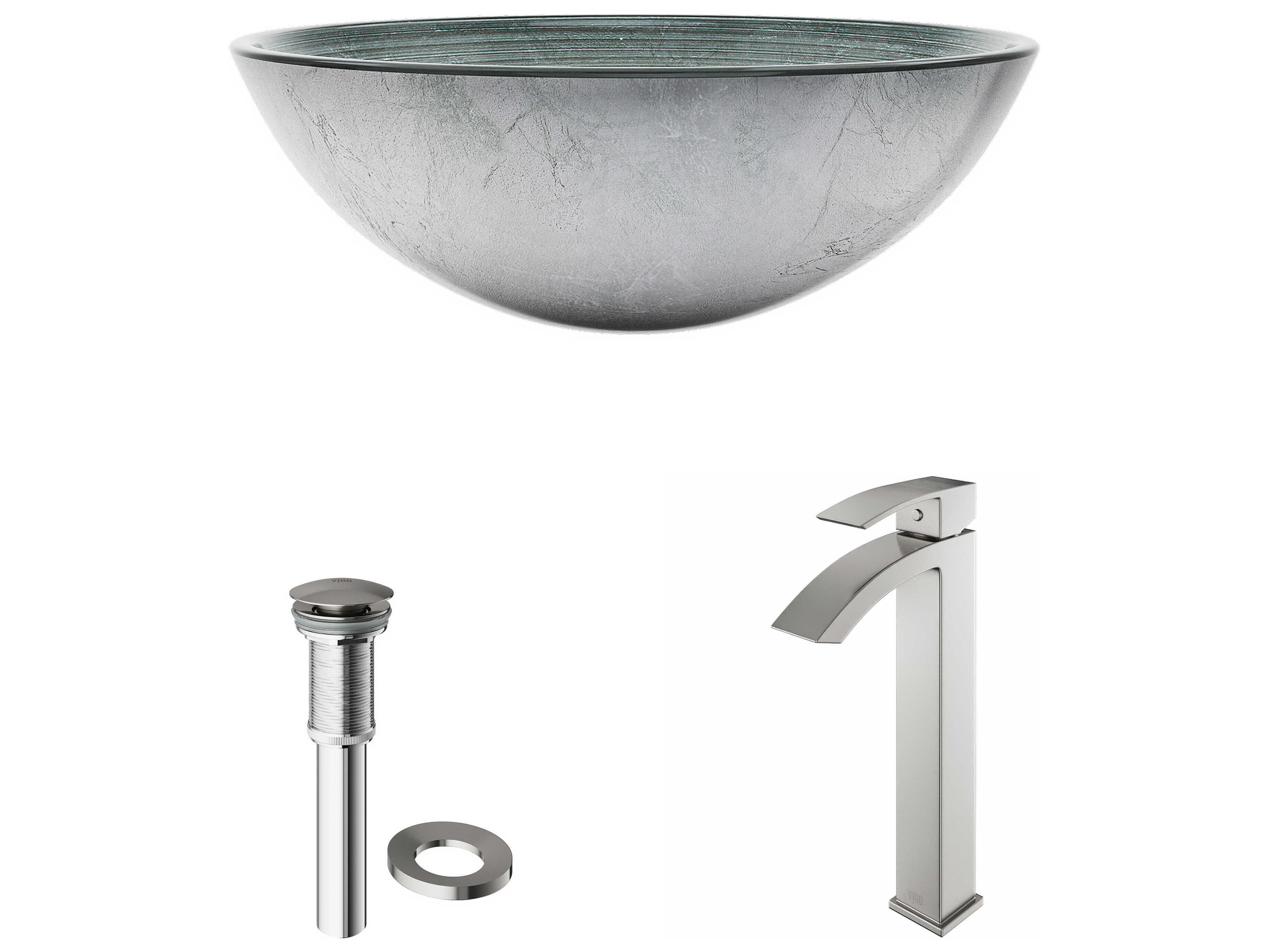 Vigo Simply Silver 17" Round Vessel Bathroom Sink with Brushed Nickel 1-Lever Duris Faucet and Drain