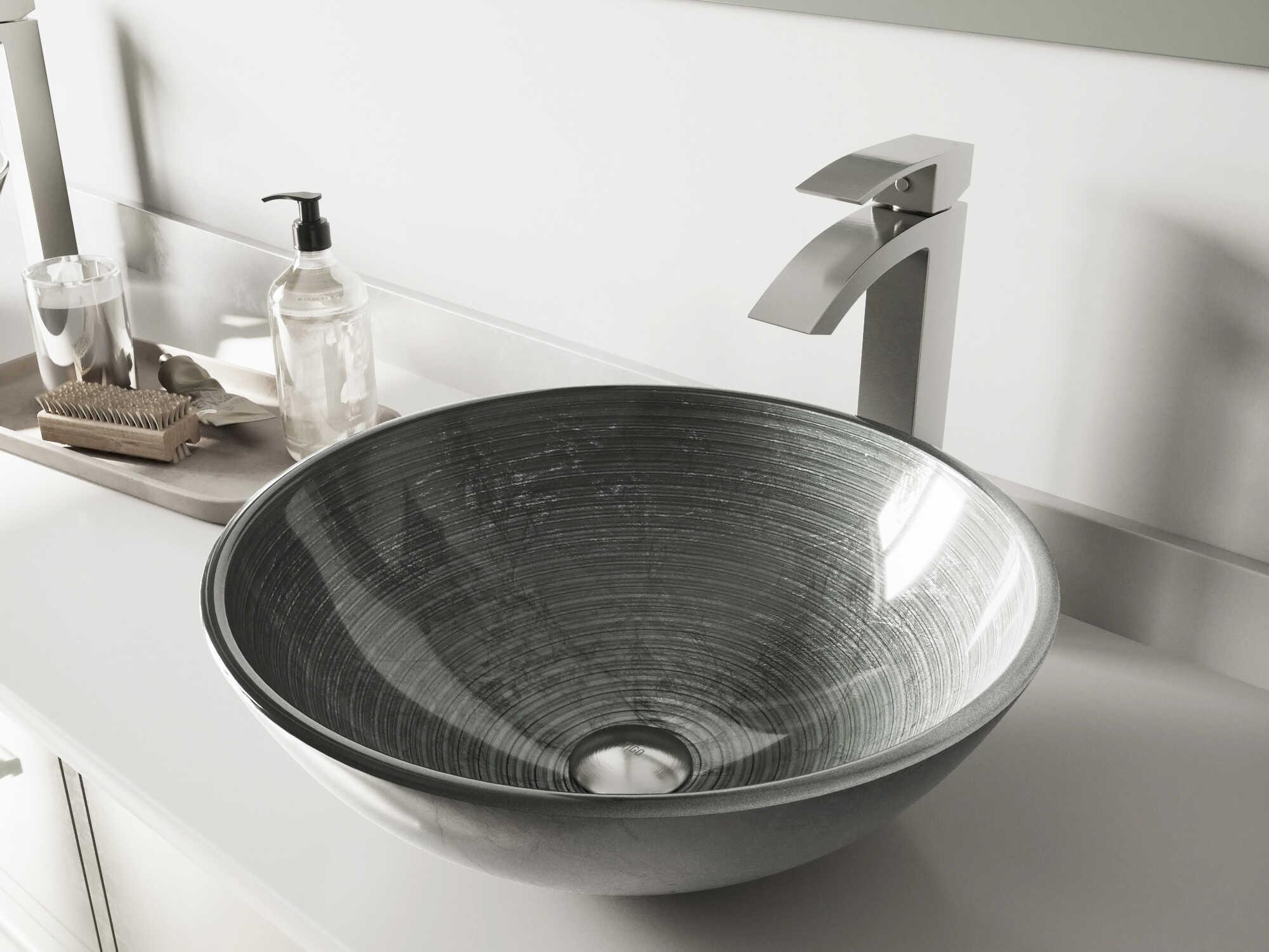 Vigo Simply Silver 17" Round Vessel Bathroom Sink with Brushed Nickel 1-Lever Duris Faucet and Drain