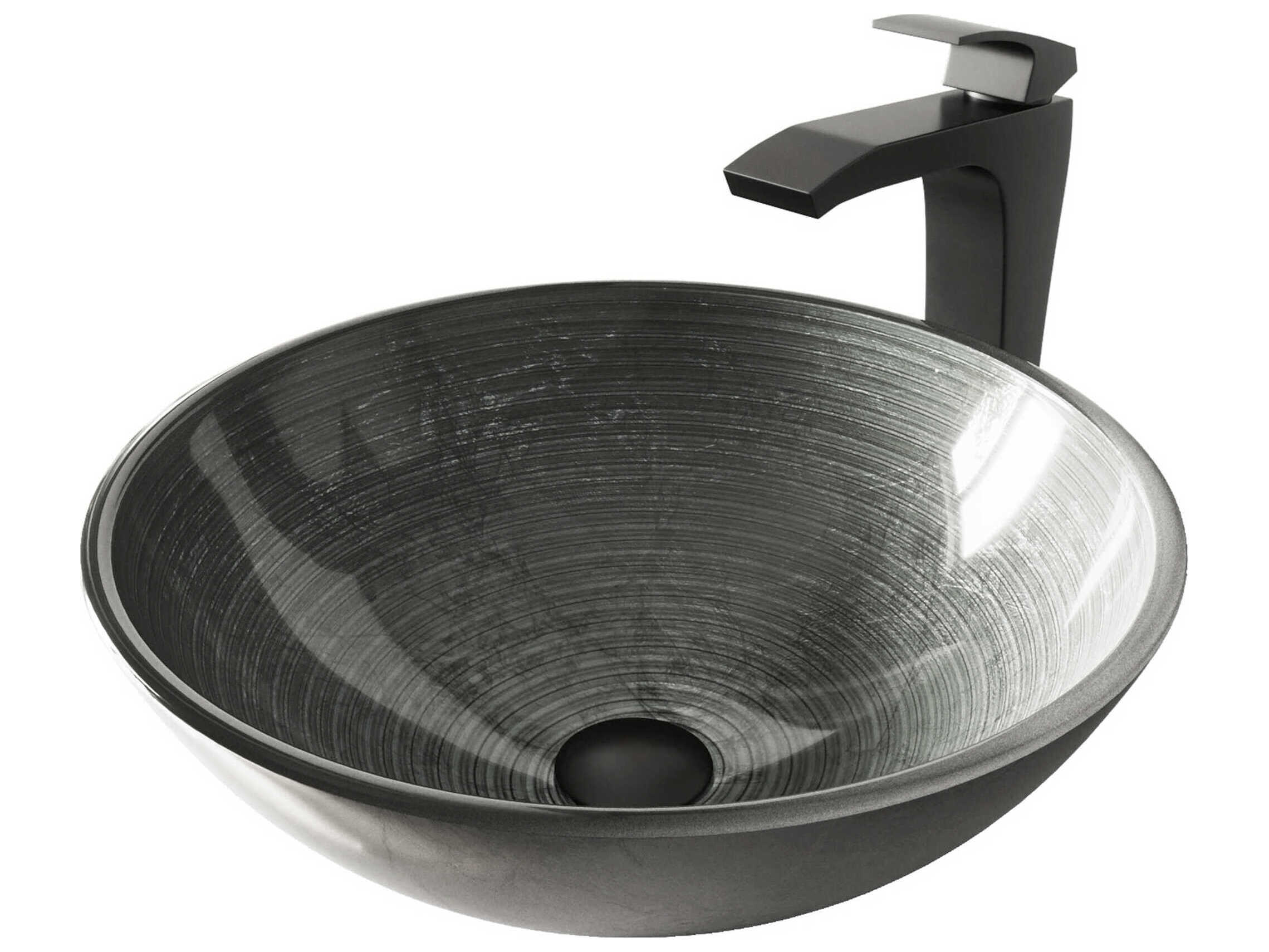 Vigo Simply Silver 17" Round Vessel Bathroom Sink with Matte Black 1-Lever Blackstonian Faucet and Drain
