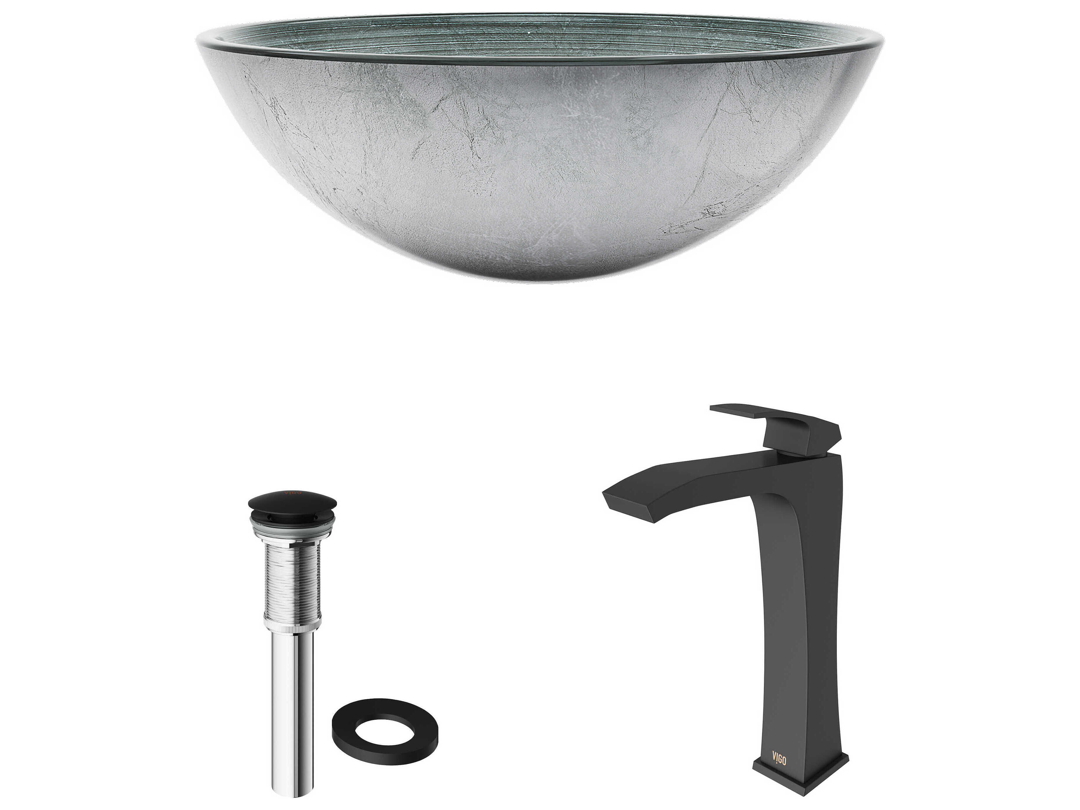 Vigo Simply Silver 17" Round Vessel Bathroom Sink with Matte Black 1-Lever Blackstonian Faucet and Drain