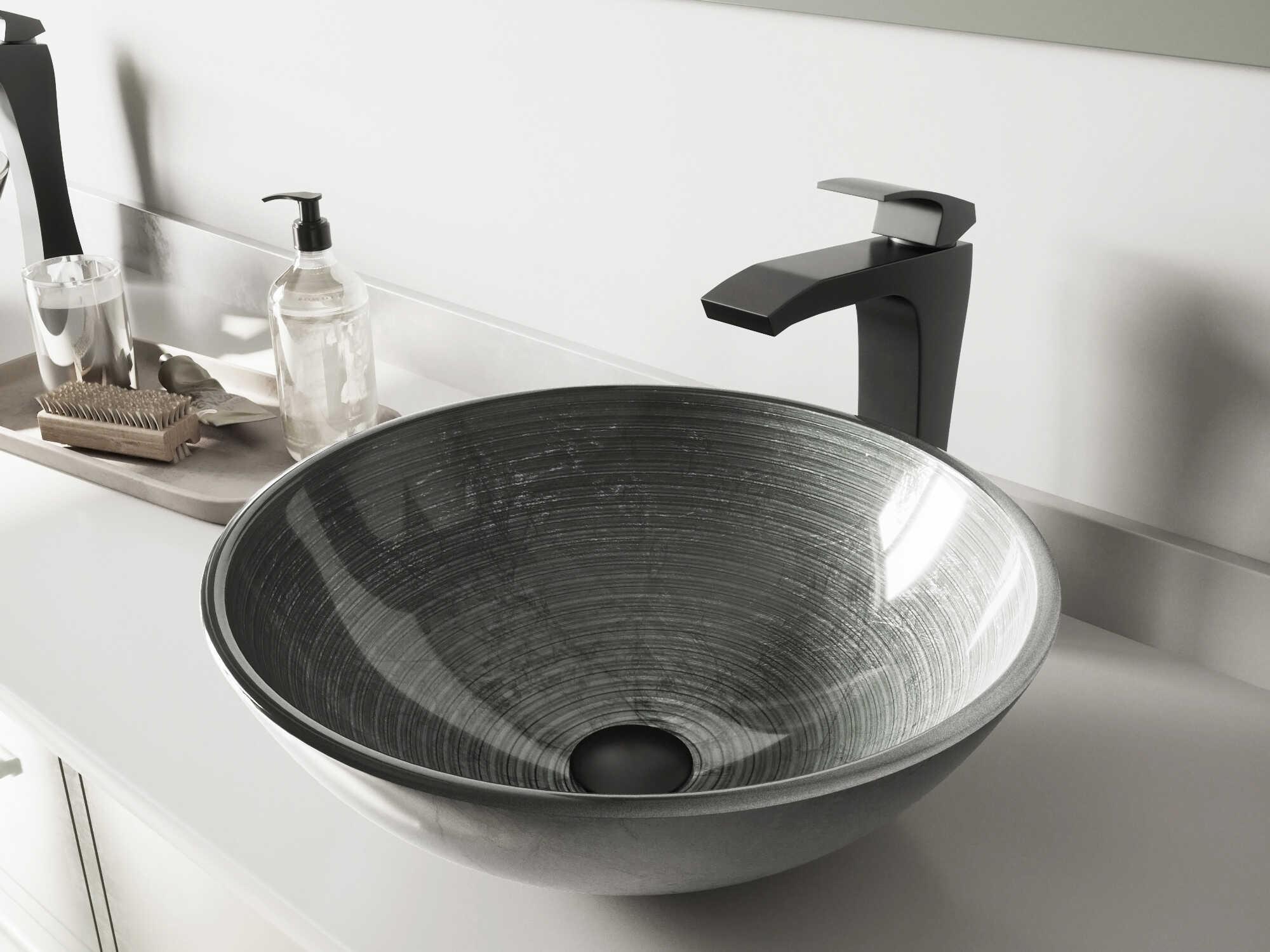 Vigo Simply Silver 17" Round Vessel Bathroom Sink with Matte Black 1-Lever Blackstonian Faucet and Drain