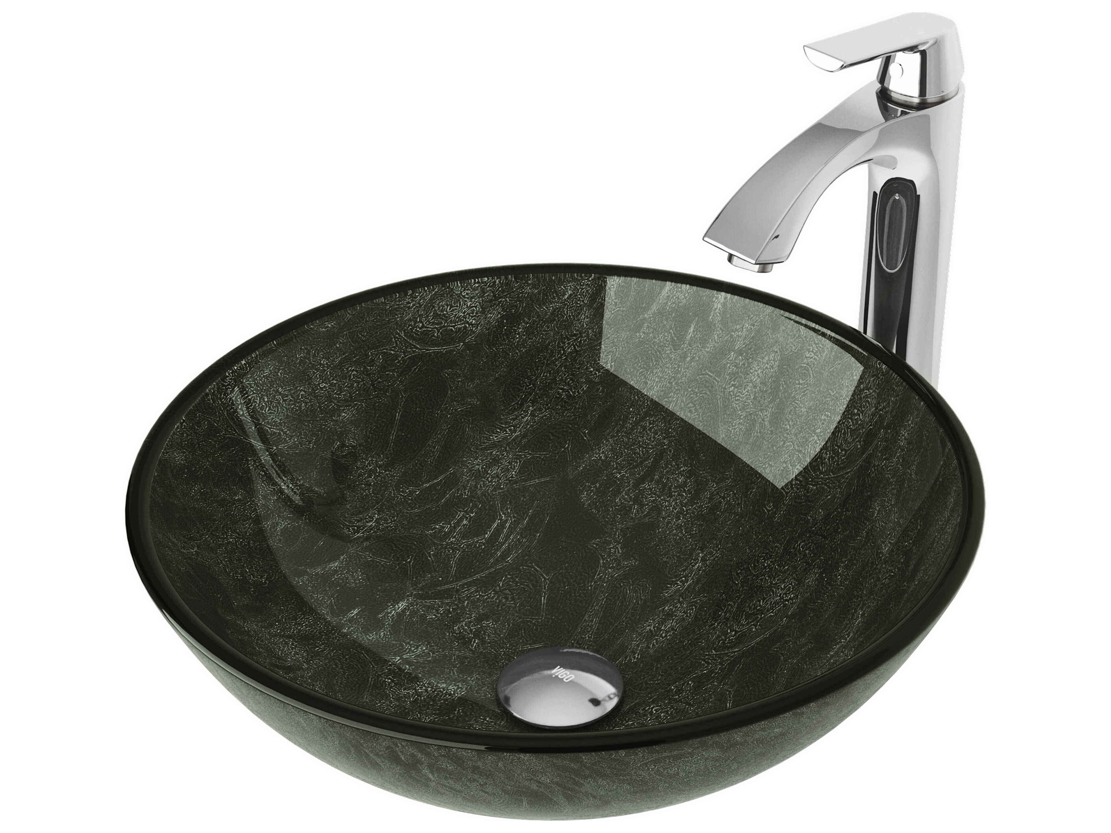 Vigo Onyx Gray 17" Round Vessel Bathroom Sink with Chrome 1-Lever Linus Faucet and Drain