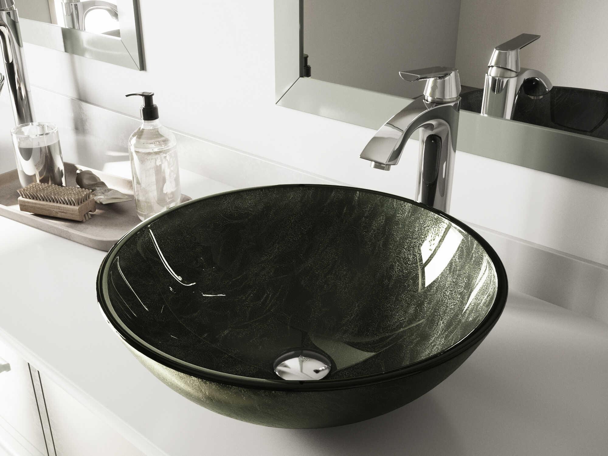 Vigo Onyx Gray 17" Round Vessel Bathroom Sink with Chrome 1-Lever Linus Faucet and Drain