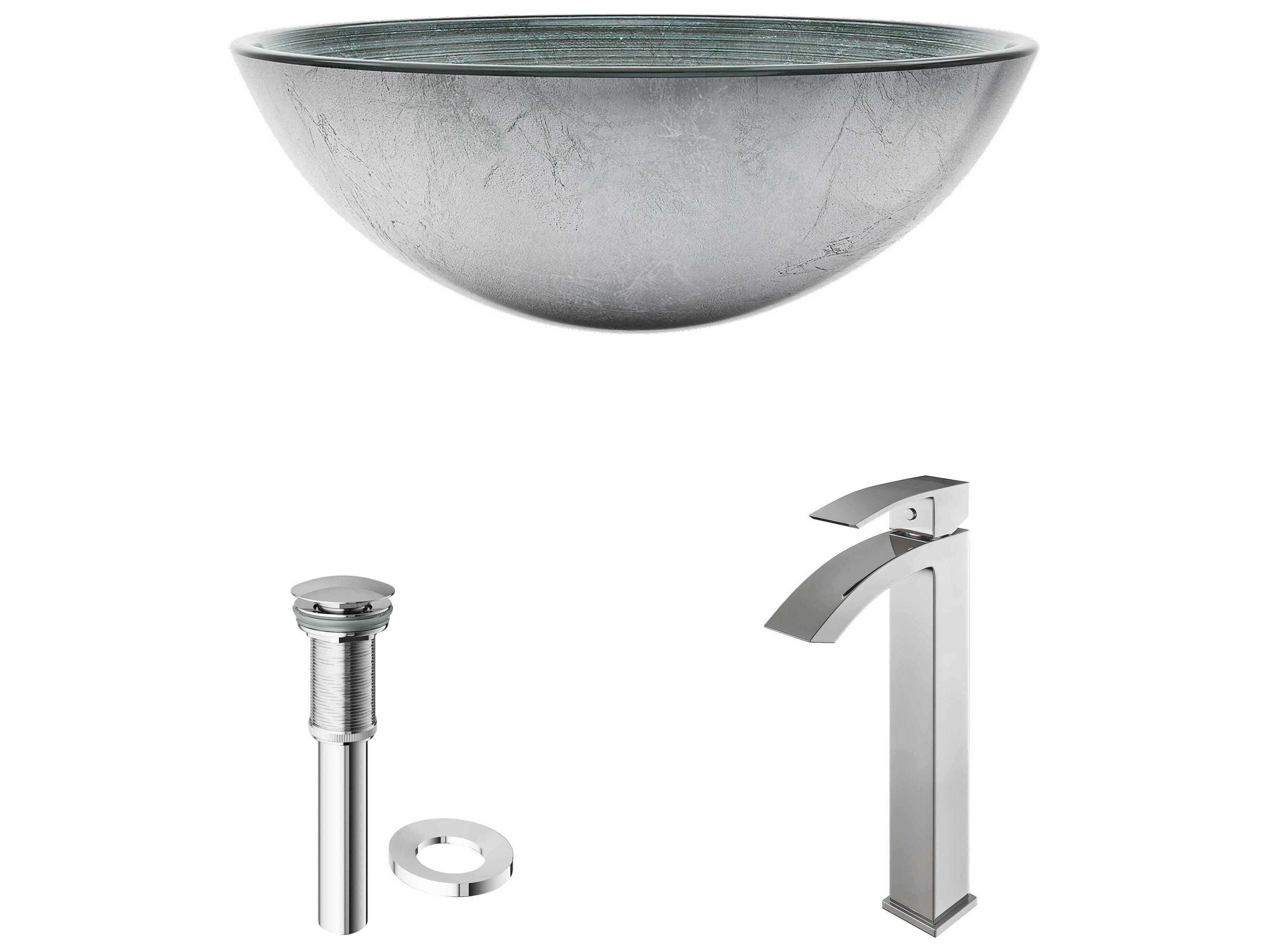 Vigo Simply Silver 17" Round Vessel Bathroom Sink with Chrome 1-Lever Duris Faucet and Drain