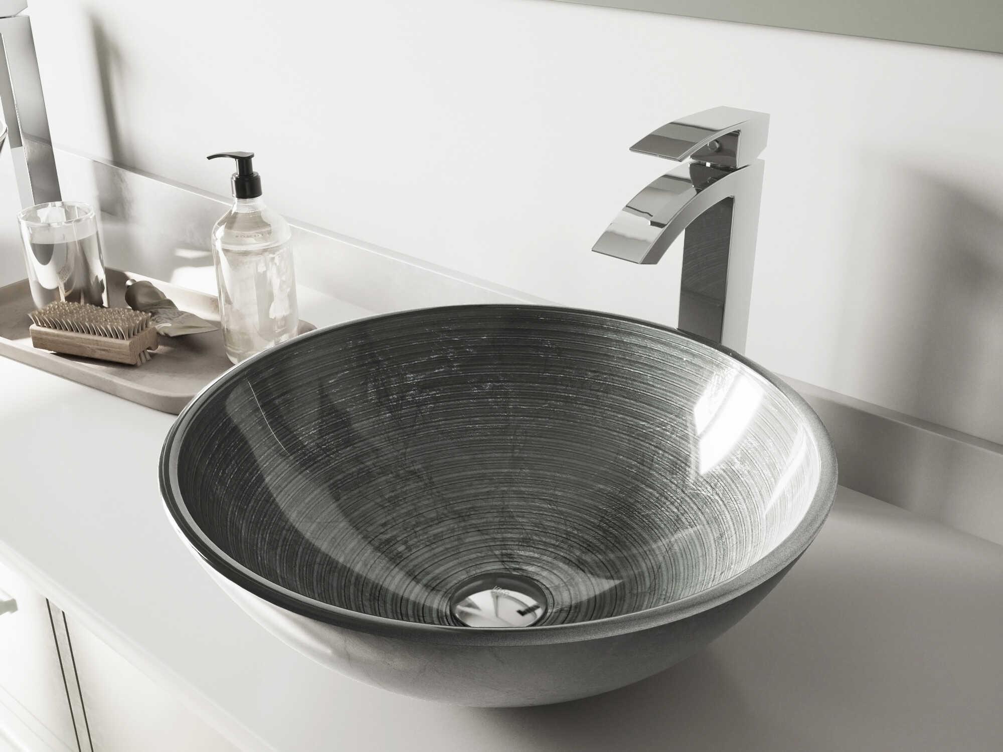 Vigo Simply Silver 17" Round Vessel Bathroom Sink with Chrome 1-Lever Duris Faucet and Drain