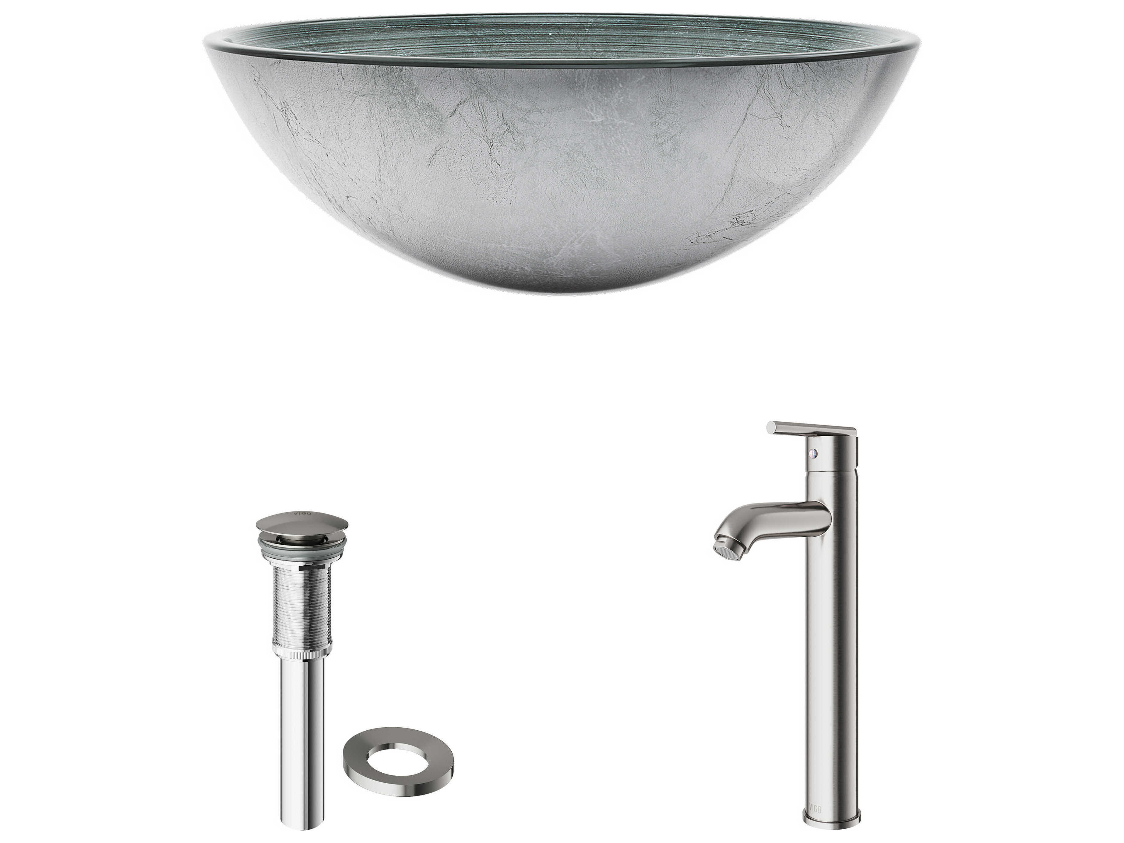 Vigo Simply Silver 17" Round Vessel Bathroom Sink with Brushed Nickel 1-Lever Seville Faucet and Drain