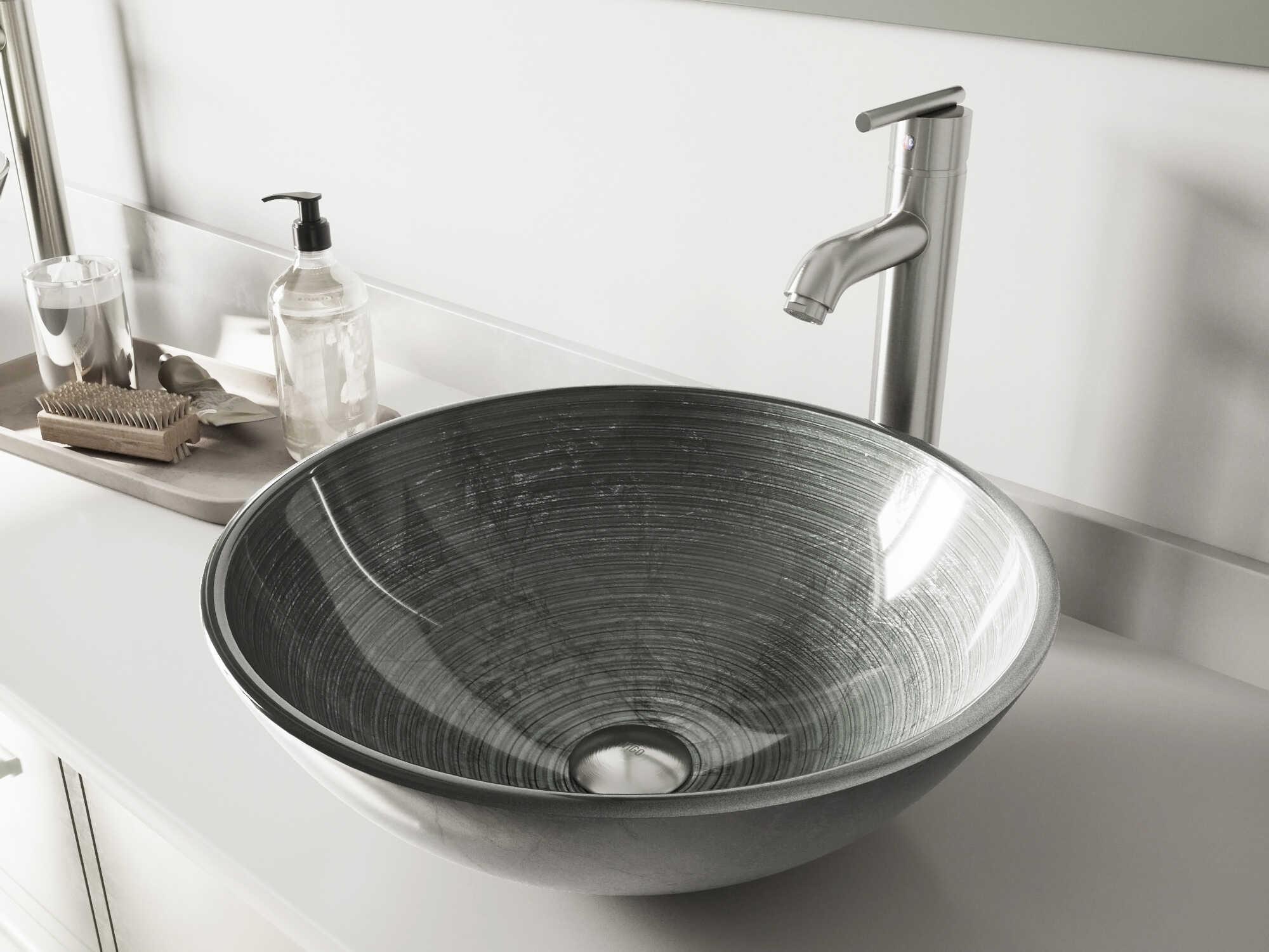 Vigo Simply Silver 17" Round Vessel Bathroom Sink with Brushed Nickel 1-Lever Seville Faucet and Drain