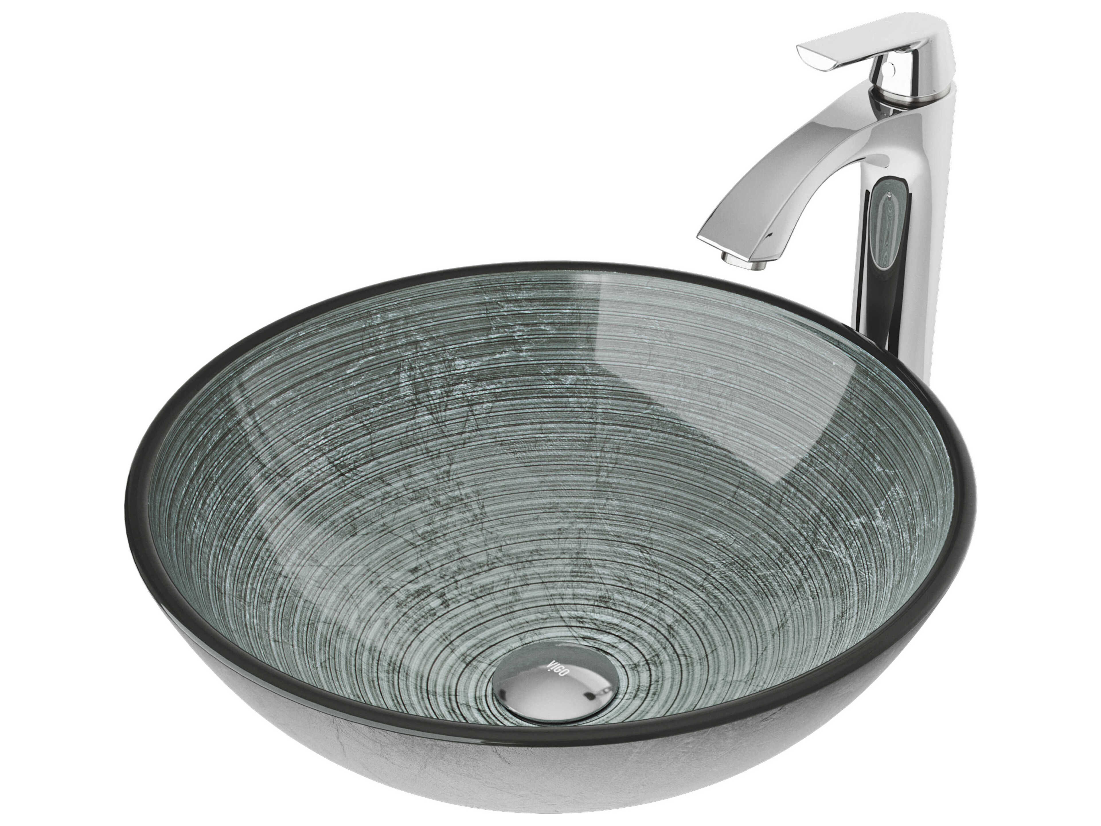 Vigo Simply Silver 17" Round Vessel Bathroom Sink with Chrome 1-Lever Linus Faucet and Drain