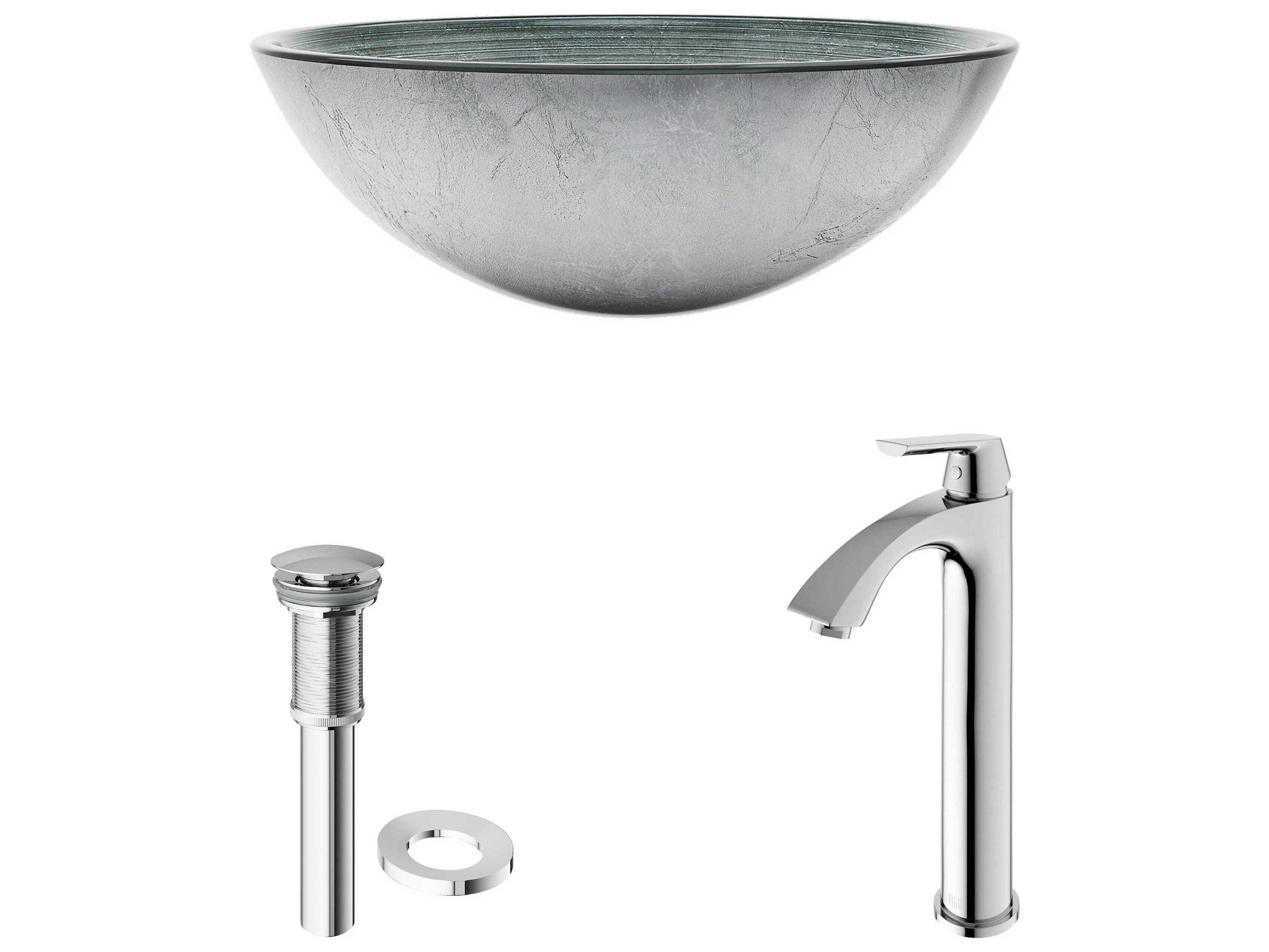 Vigo Simply Silver 17" Round Vessel Bathroom Sink with Chrome 1-Lever Linus Faucet and Drain
