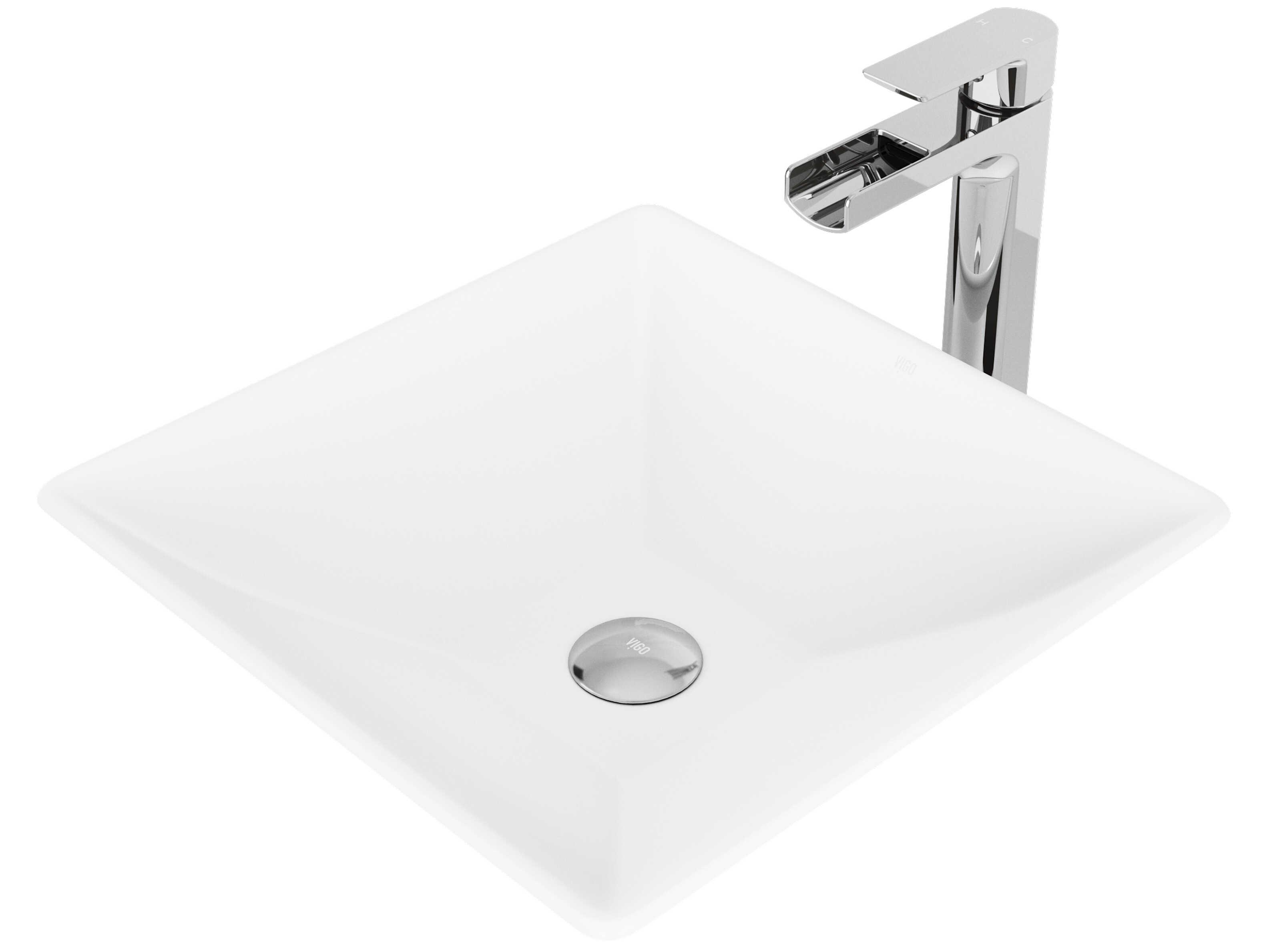 Vigo Hibiscus Matte White 16" Square Vessel Bathroom Sink with Chrome 1-Lever Amada Faucet and Drain