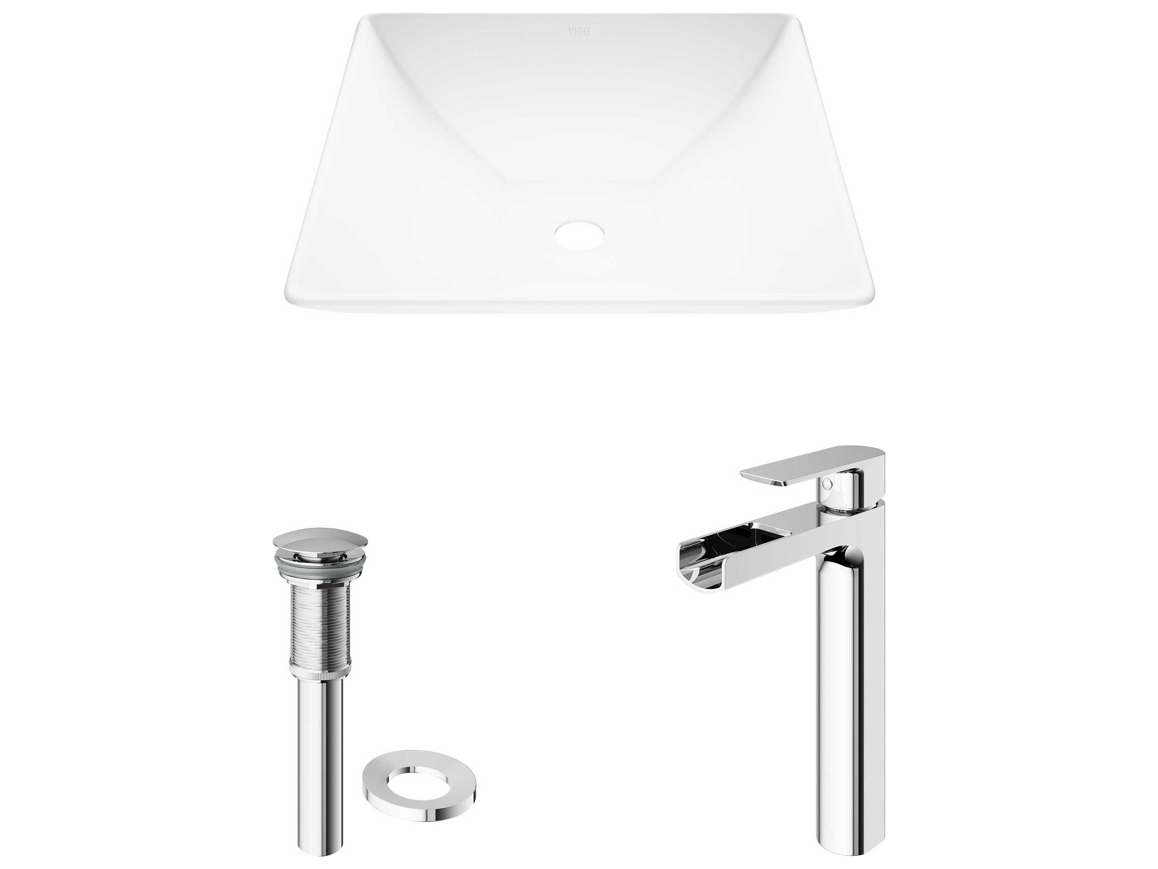 Vigo Hibiscus Matte White 16" Square Vessel Bathroom Sink with Chrome 1-Lever Amada Faucet and Drain