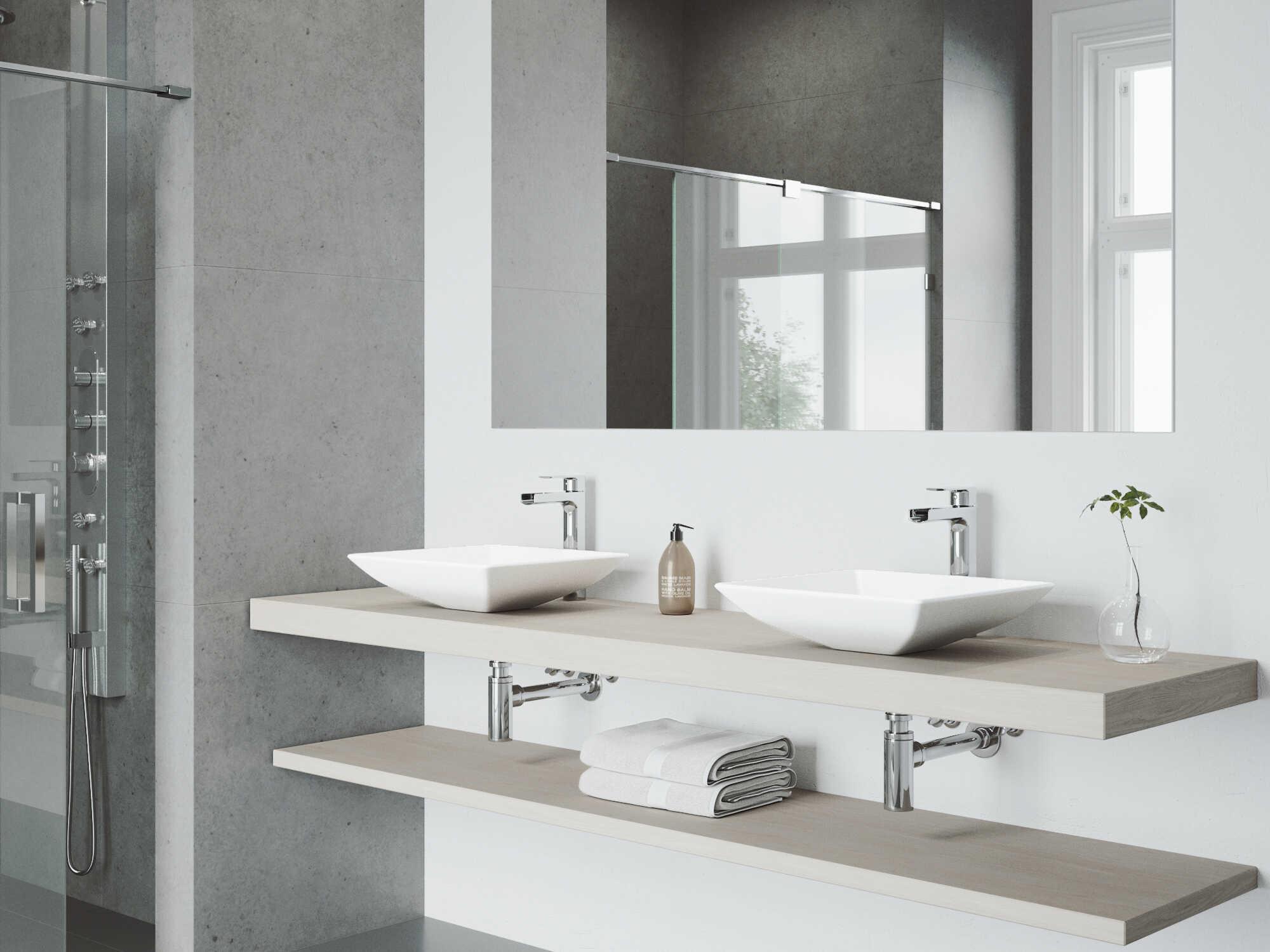 Vigo Hibiscus Matte White 16" Square Vessel Bathroom Sink with Chrome 1-Lever Amada Faucet and Drain