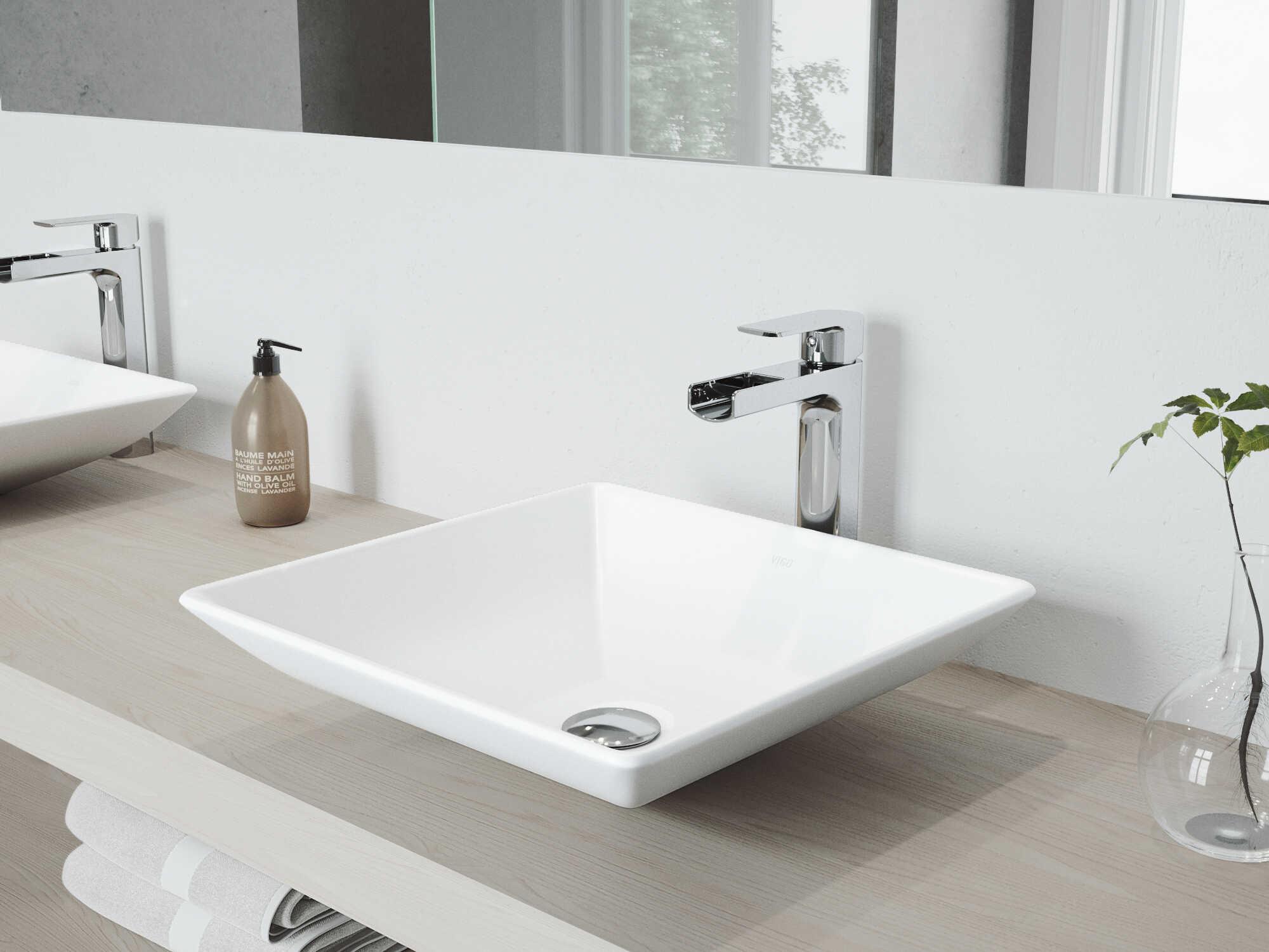 Vigo Hibiscus Matte White 16" Square Vessel Bathroom Sink with Chrome 1-Lever Amada Faucet and Drain