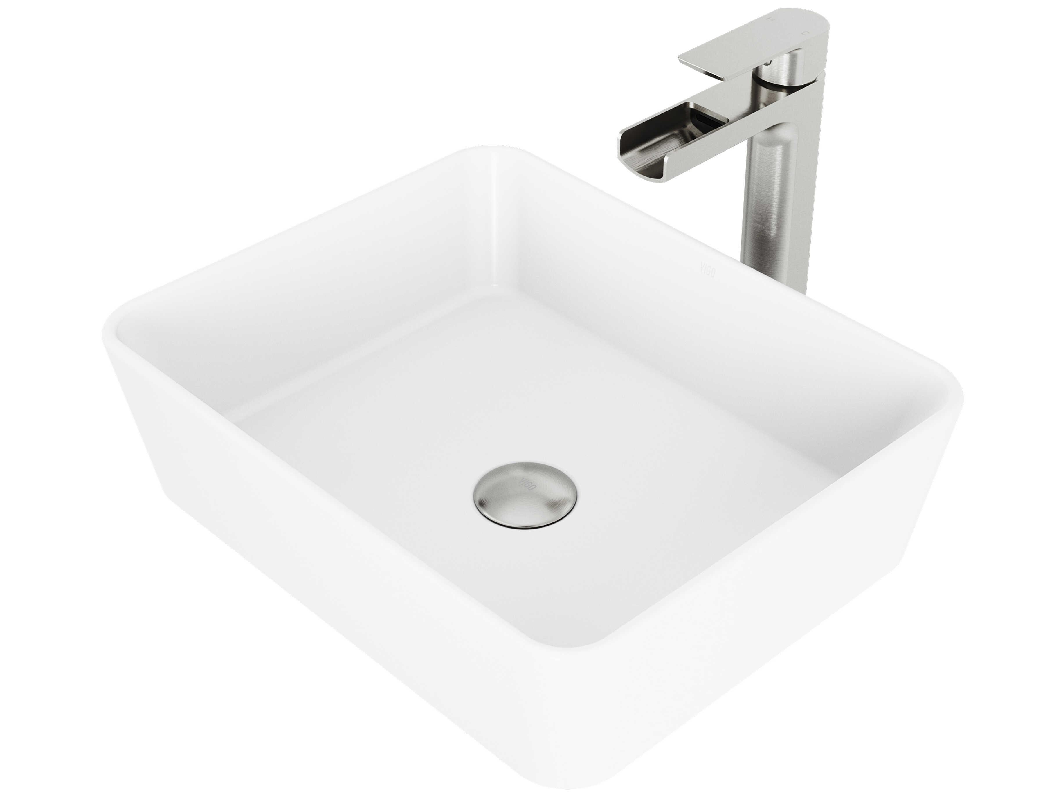 Vigo Marigold Matte White 18" Rectangular Vessel Bathroom Sink with Brushed Nickel 1-Lever Amada Faucet and Drain