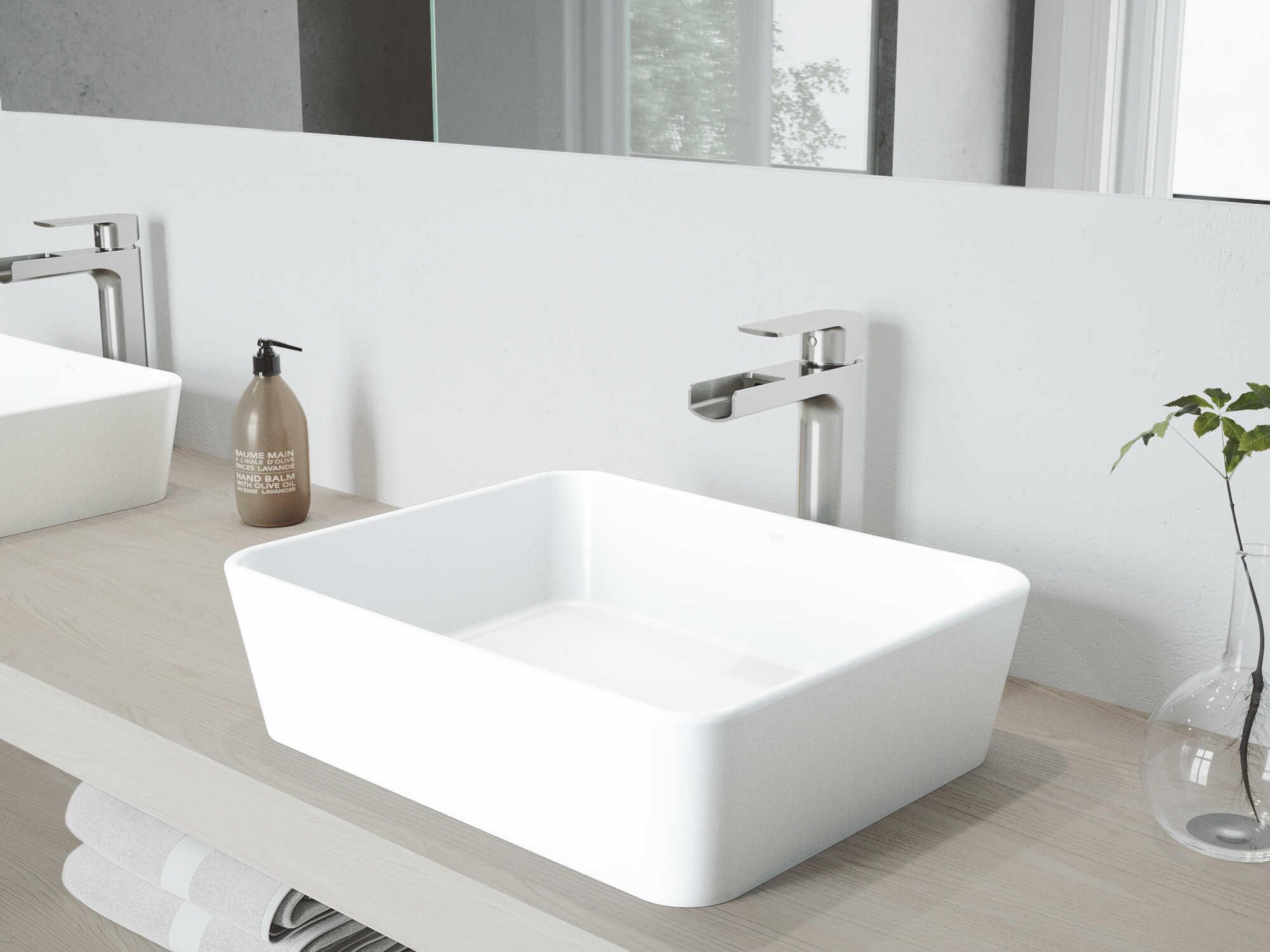 Vigo Marigold Matte White 18" Rectangular Vessel Bathroom Sink with Brushed Nickel 1-Lever Amada Faucet and Drain