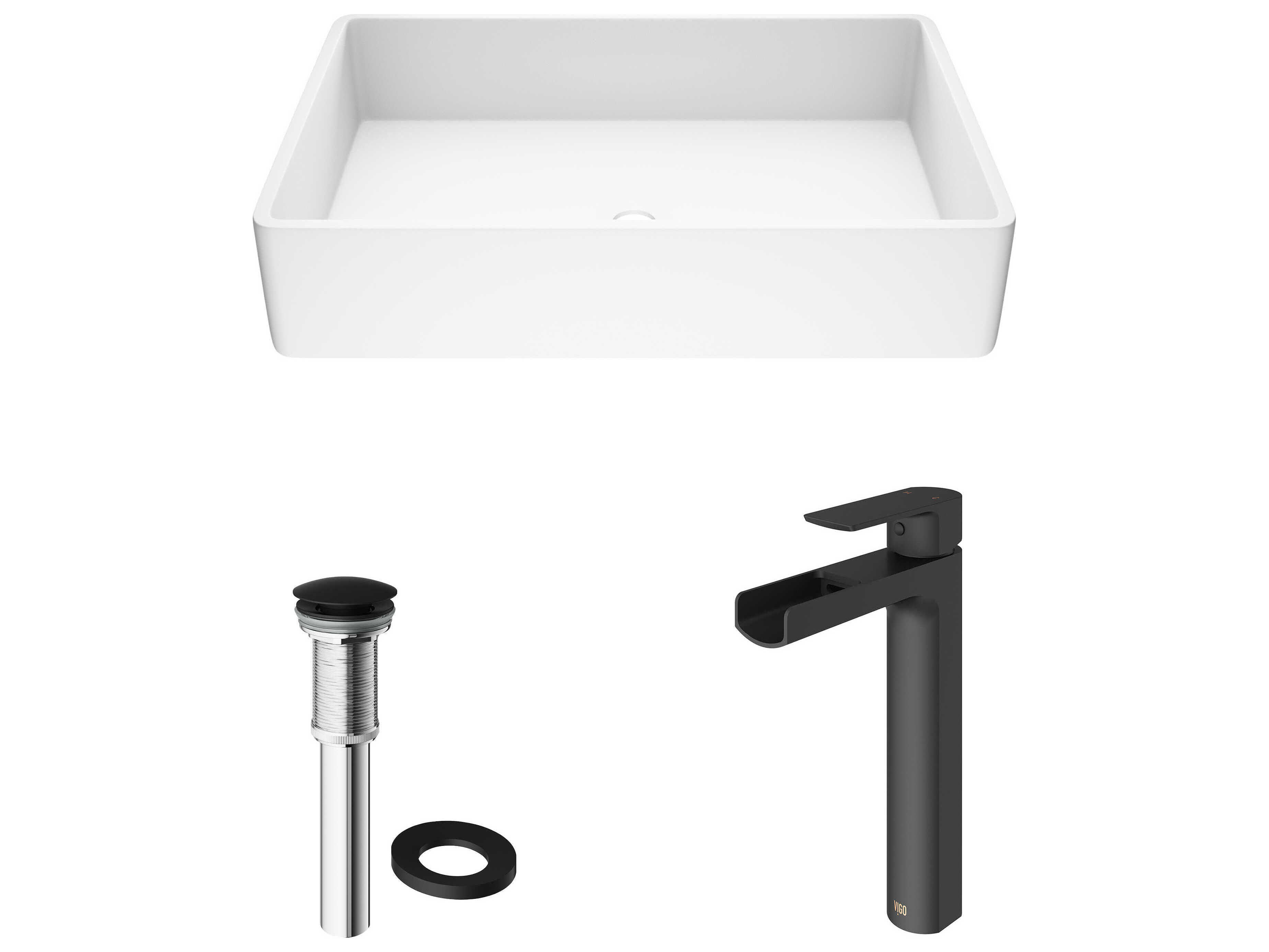 Vigo Magnolia Matte White 21" Rectangular Vessel Bathroom Sink with Matte Black 1-Lever Amada Faucet and Drain