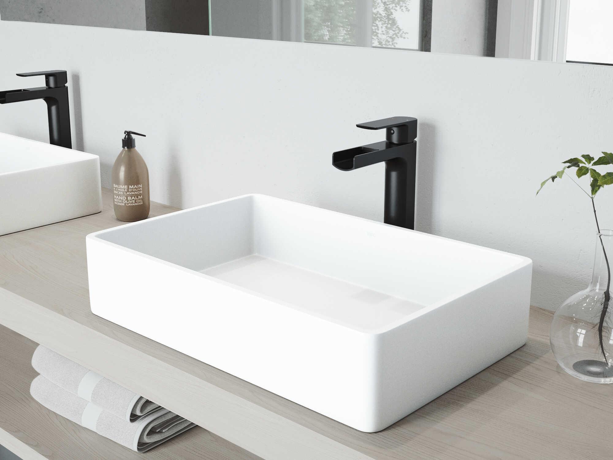 Vigo Magnolia Matte White 21" Rectangular Vessel Bathroom Sink with Matte Black 1-Lever Amada Faucet and Drain