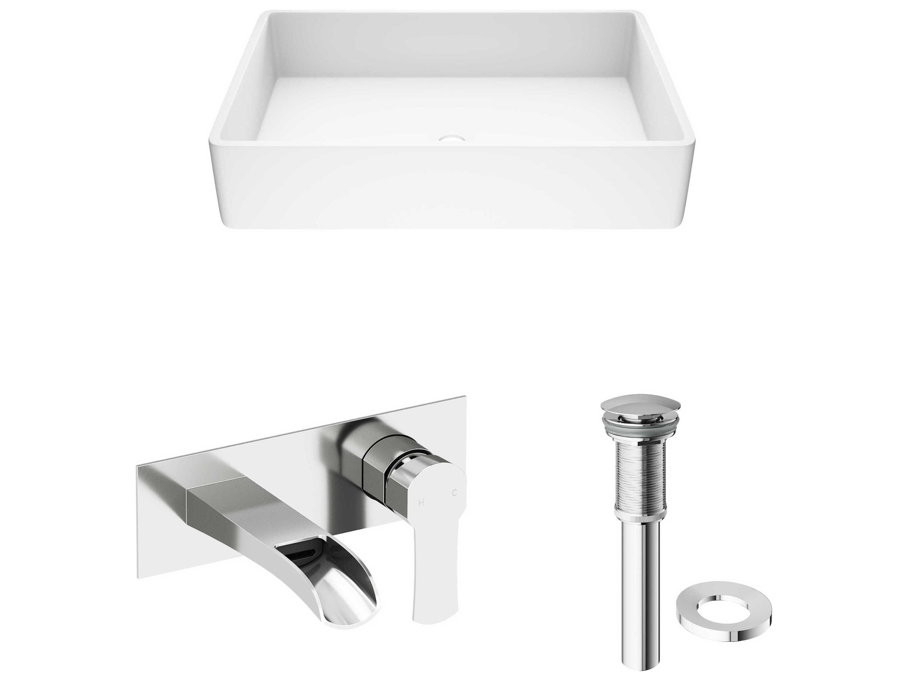 Vigo Magnolia Matte White 21" Rectangular Vessel Bathroom Sink with Chrome Single-Lever Cornelius Wall-Mount Faucet and Drain