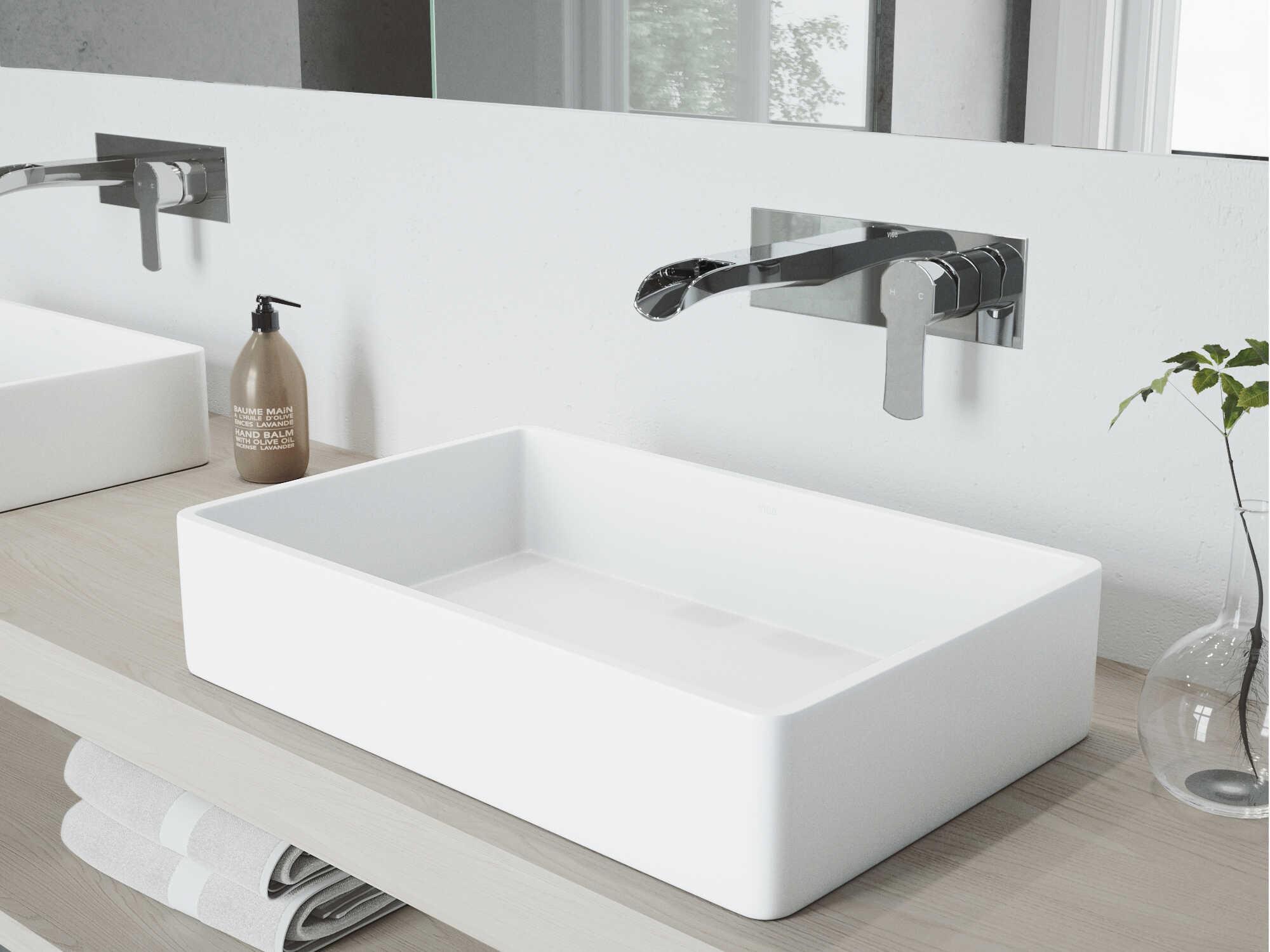 Vigo Magnolia Matte White 21" Rectangular Vessel Bathroom Sink with Chrome Single-Lever Cornelius Wall-Mount Faucet and Drain