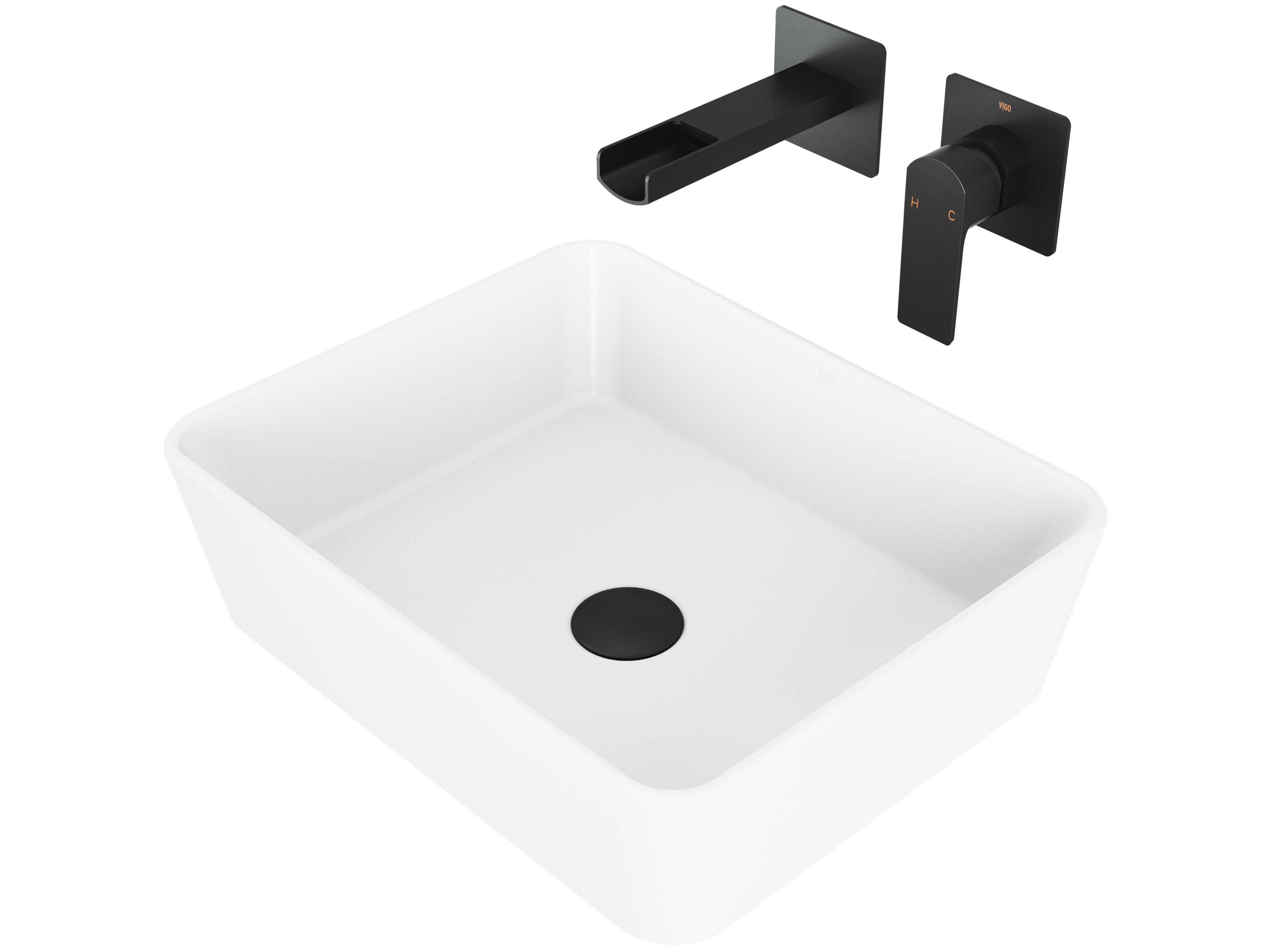 Vigo Marigold Matte White 18" Rectangular Vessel Bathroom Sink with Matte Black Single-Handle Atticus Wall-Mount Faucet and Drain