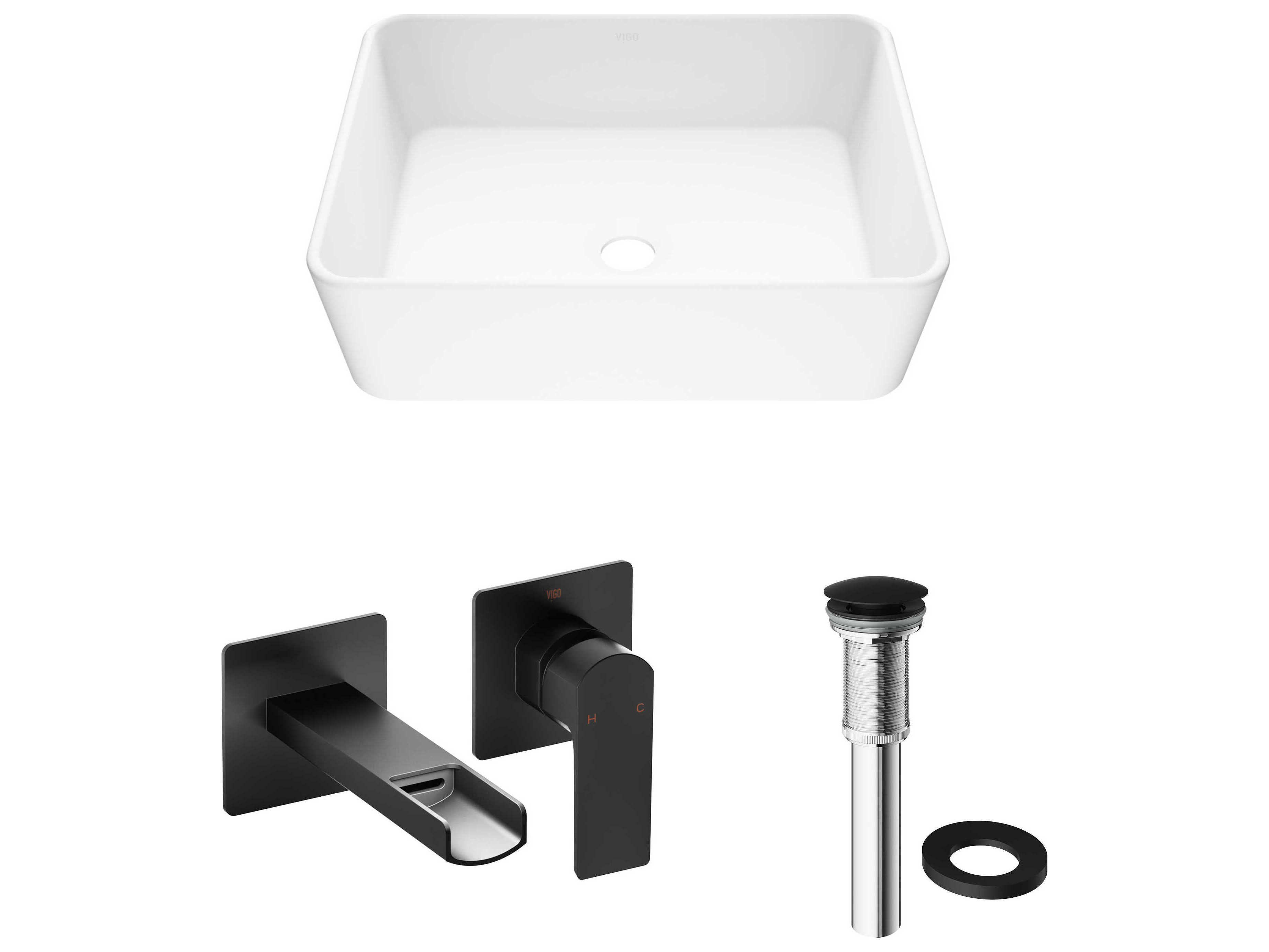 Vigo Marigold Matte White 18" Rectangular Vessel Bathroom Sink with Matte Black Single-Handle Atticus Wall-Mount Faucet and Drain