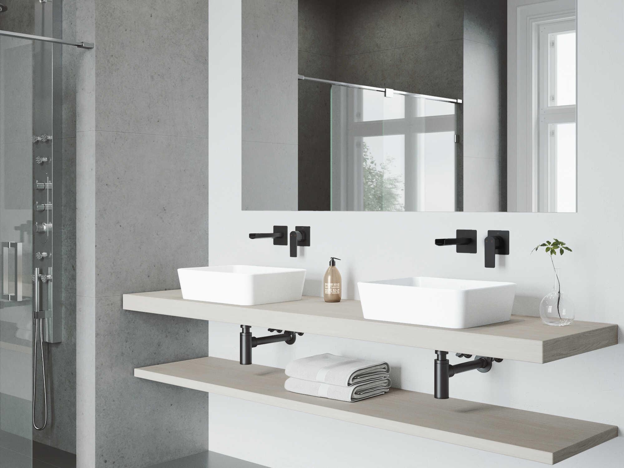 Vigo Marigold Matte White 18" Rectangular Vessel Bathroom Sink with Matte Black Single-Handle Atticus Wall-Mount Faucet and Drain