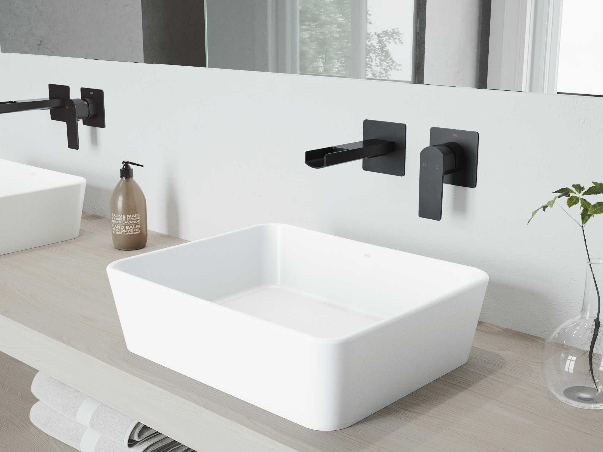 Vigo Marigold Matte White 18" Rectangular Vessel Bathroom Sink with Matte Black Single-Handle Atticus Wall-Mount Faucet and Drain