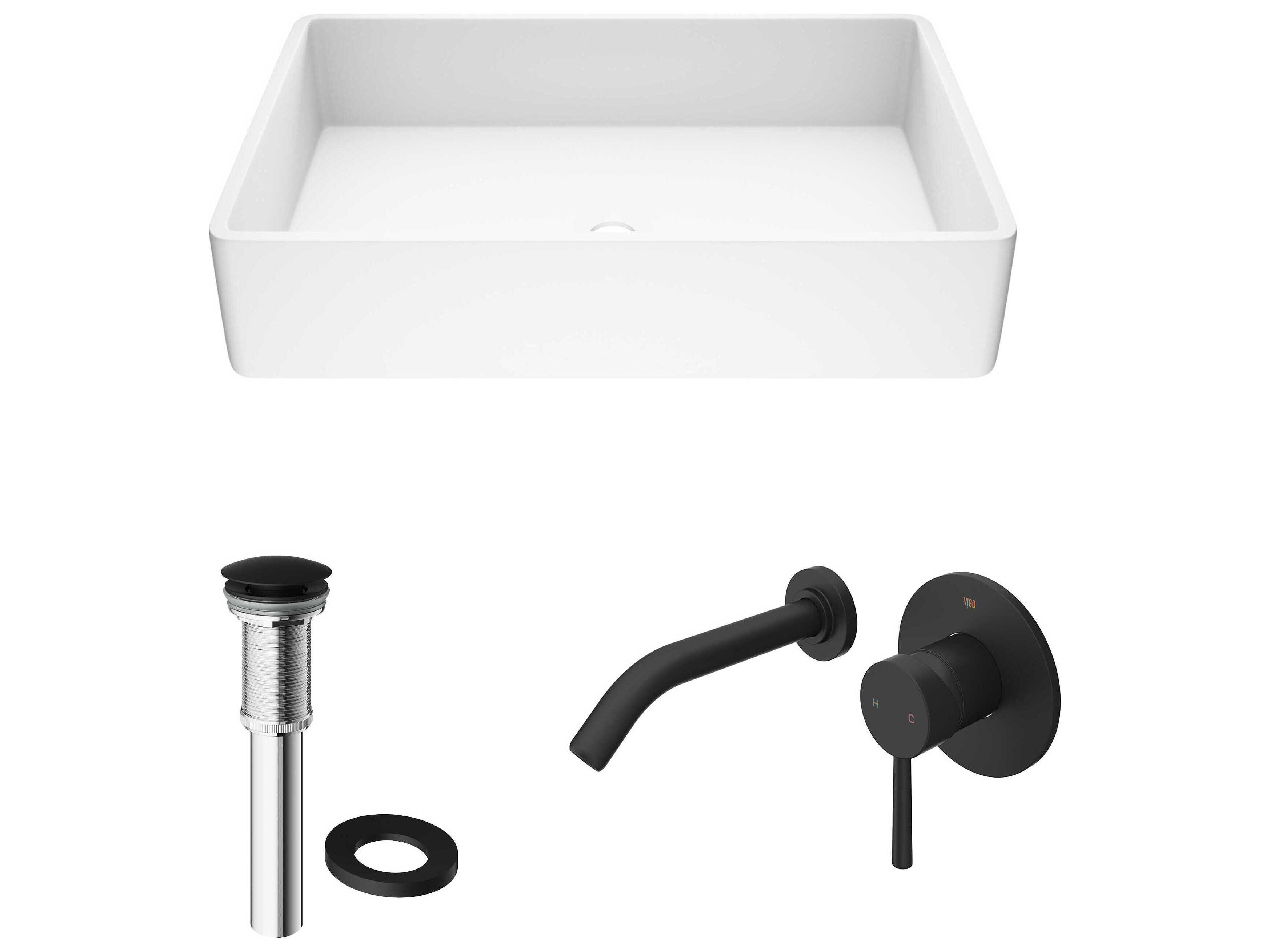 Vigo Magnolia Matte White 21" Rectangular Vessel Bathroom Sink with Matte Black Single-Handle Olus Wall-Mount Faucet and Drain
