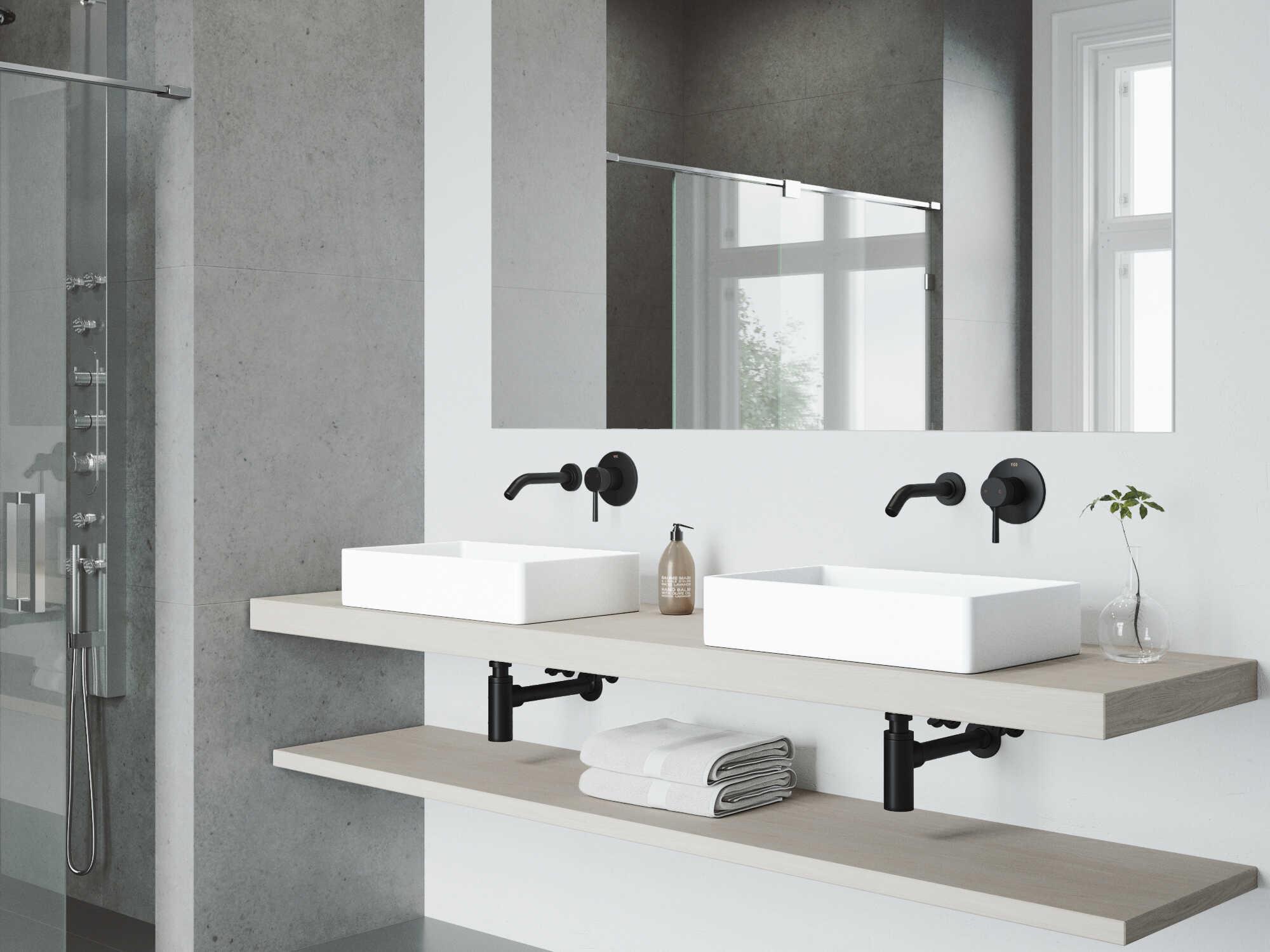 Vigo Magnolia Matte White 21" Rectangular Vessel Bathroom Sink with Matte Black Single-Handle Olus Wall-Mount Faucet and Drain