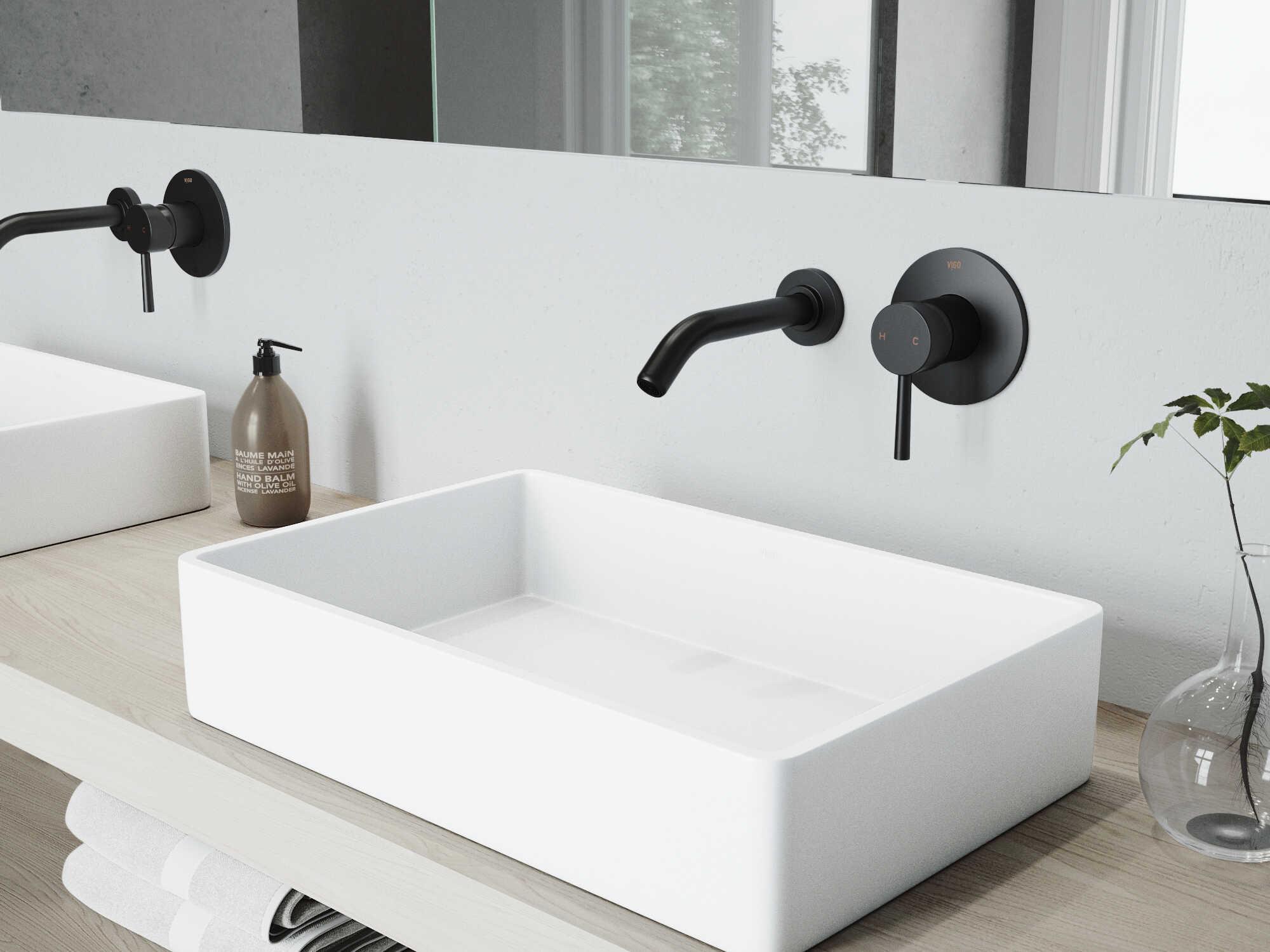 Vigo Magnolia Matte White 21" Rectangular Vessel Bathroom Sink with Matte Black Single-Handle Olus Wall-Mount Faucet and Drain