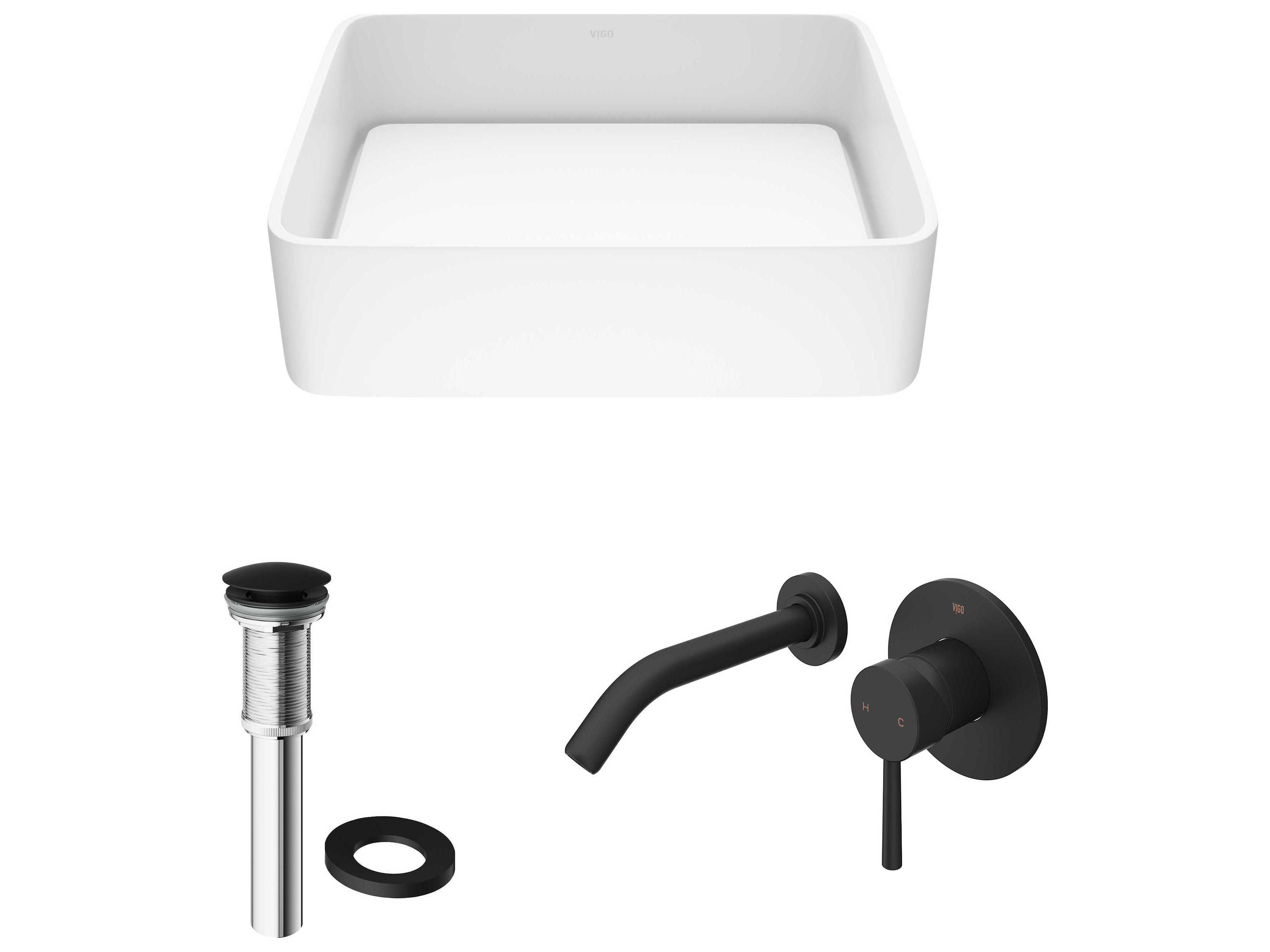 Vigo Jasmine Matte White 18" Rectangular Vessel Bathroom Sink with Matte Black 1-Handle Olus Wall-Mount Faucet and Drain