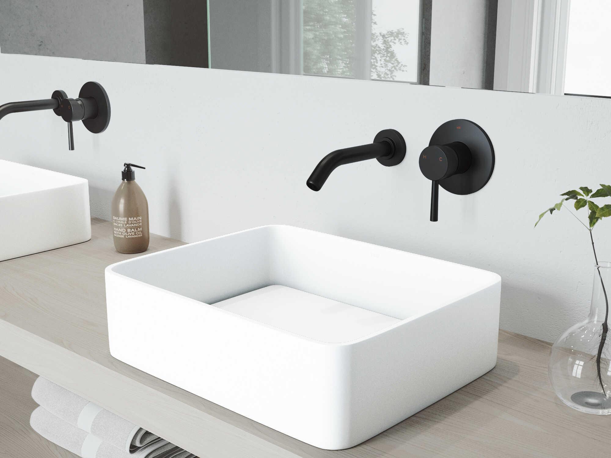 Vigo Jasmine Matte White 18" Rectangular Vessel Bathroom Sink with Matte Black 1-Handle Olus Wall-Mount Faucet and Drain