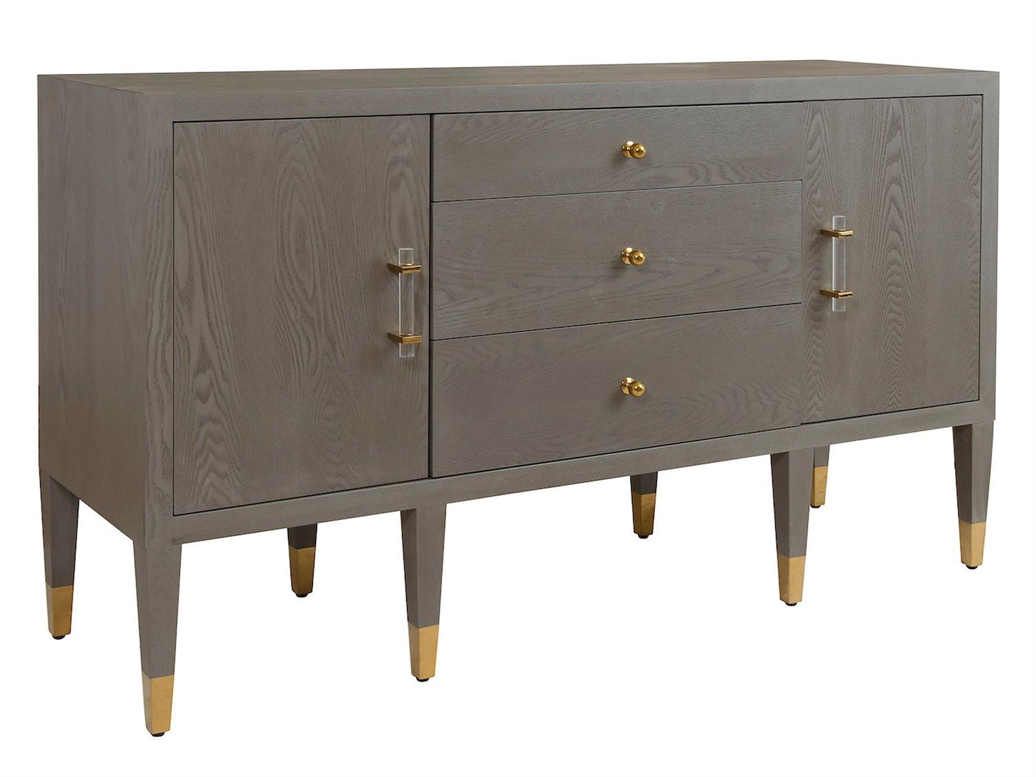 Worlds Away 58" Oak Wood Smoke Grey Brass Sideboard