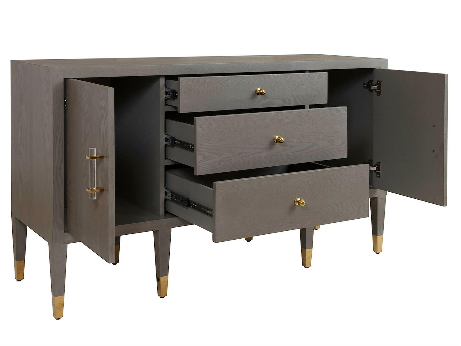 Worlds Away 58" Oak Wood Smoke Grey Brass Sideboard