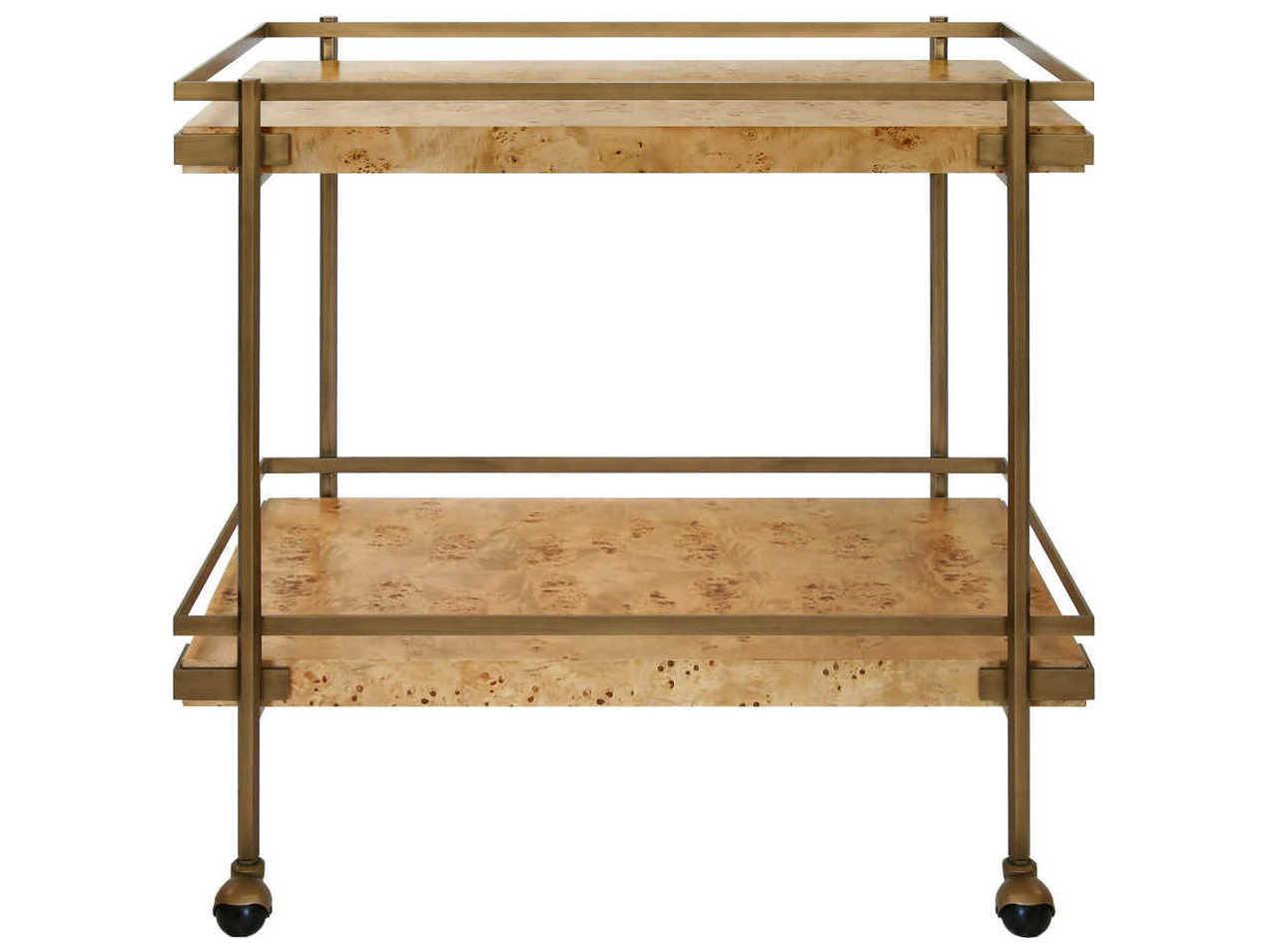 Worlds Away Brown Burl Wood Antique Brass Bar Cart