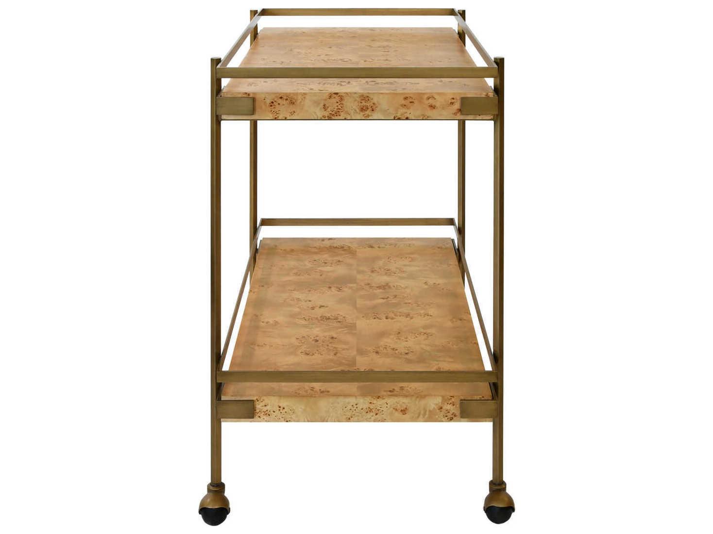 Worlds Away Brown Burl Wood Antique Brass Bar Cart