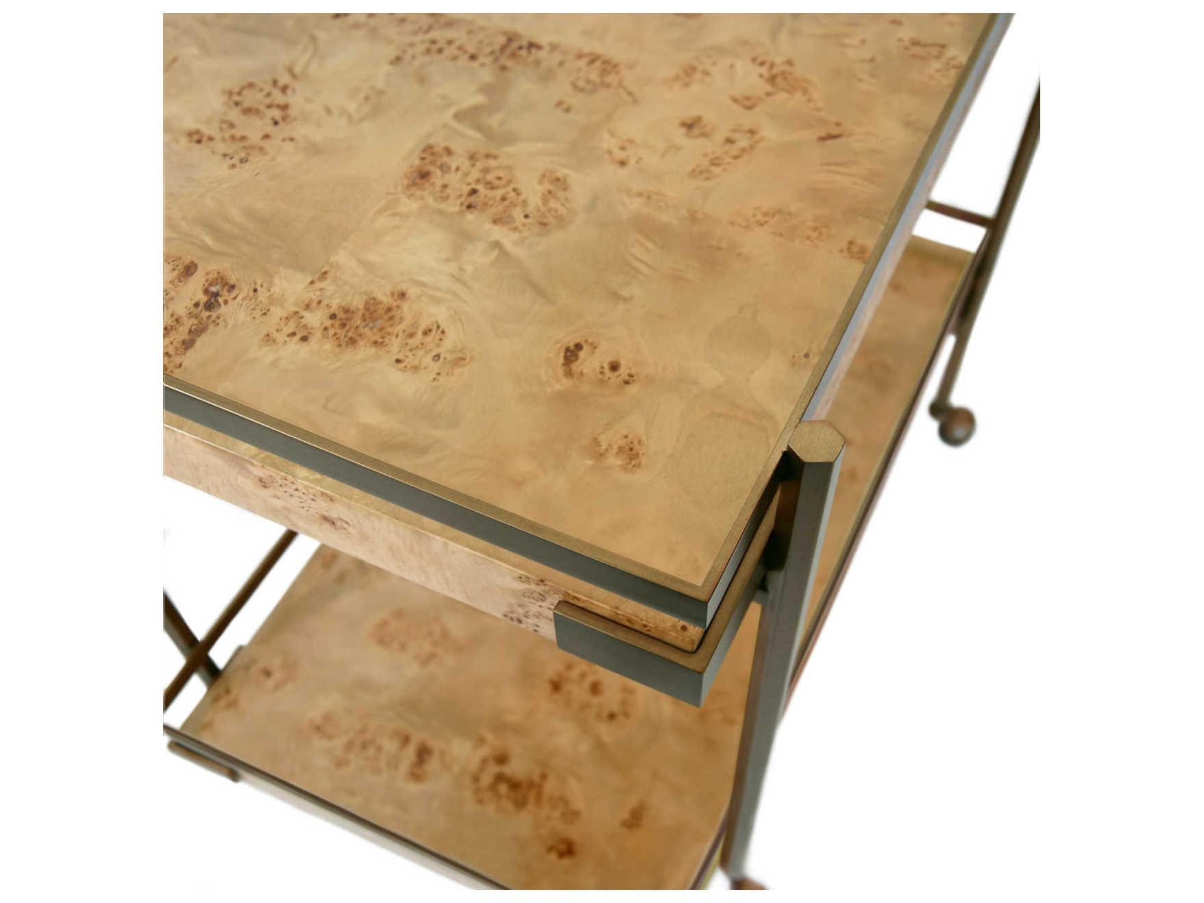 Worlds Away Brown Burl Wood Antique Brass Bar Cart