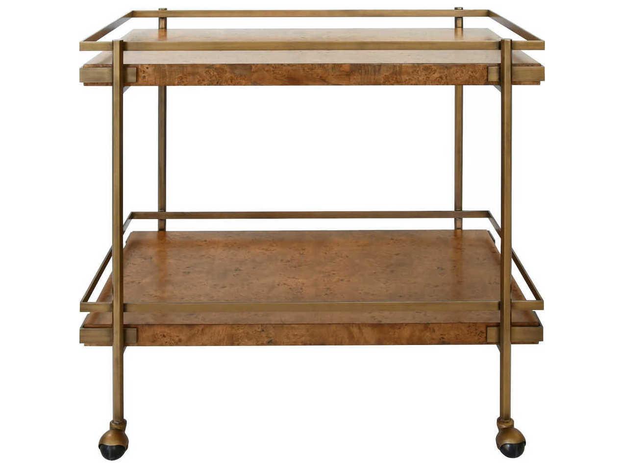Worlds Away Brown Dark Burl Wood Antique Brass Bar Cart