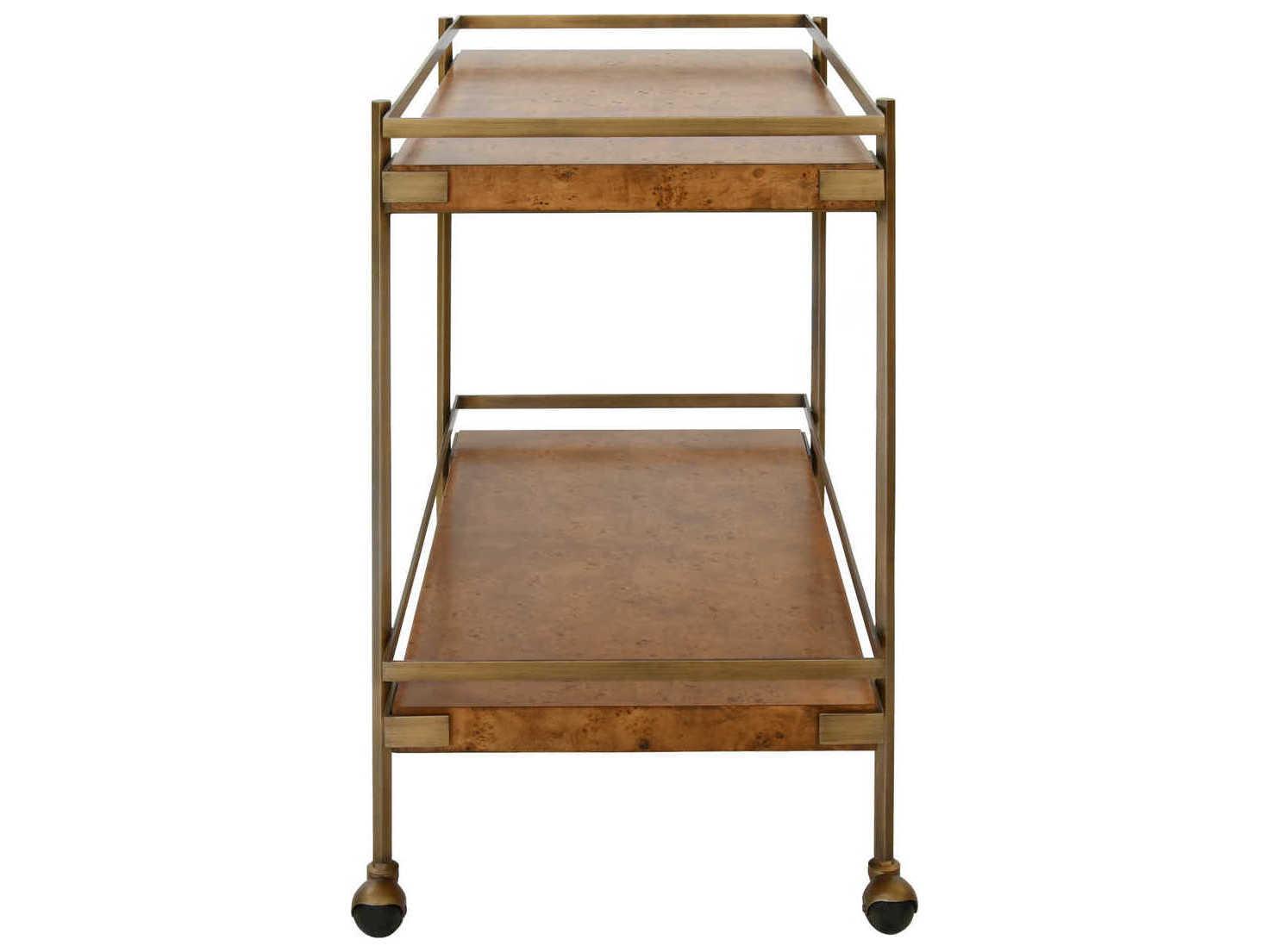 Worlds Away Brown Dark Burl Wood Antique Brass Bar Cart