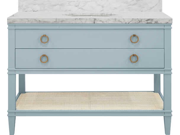 Worlds Away Cutler Blue Vanity With White Marble Top and Porcelain Sink