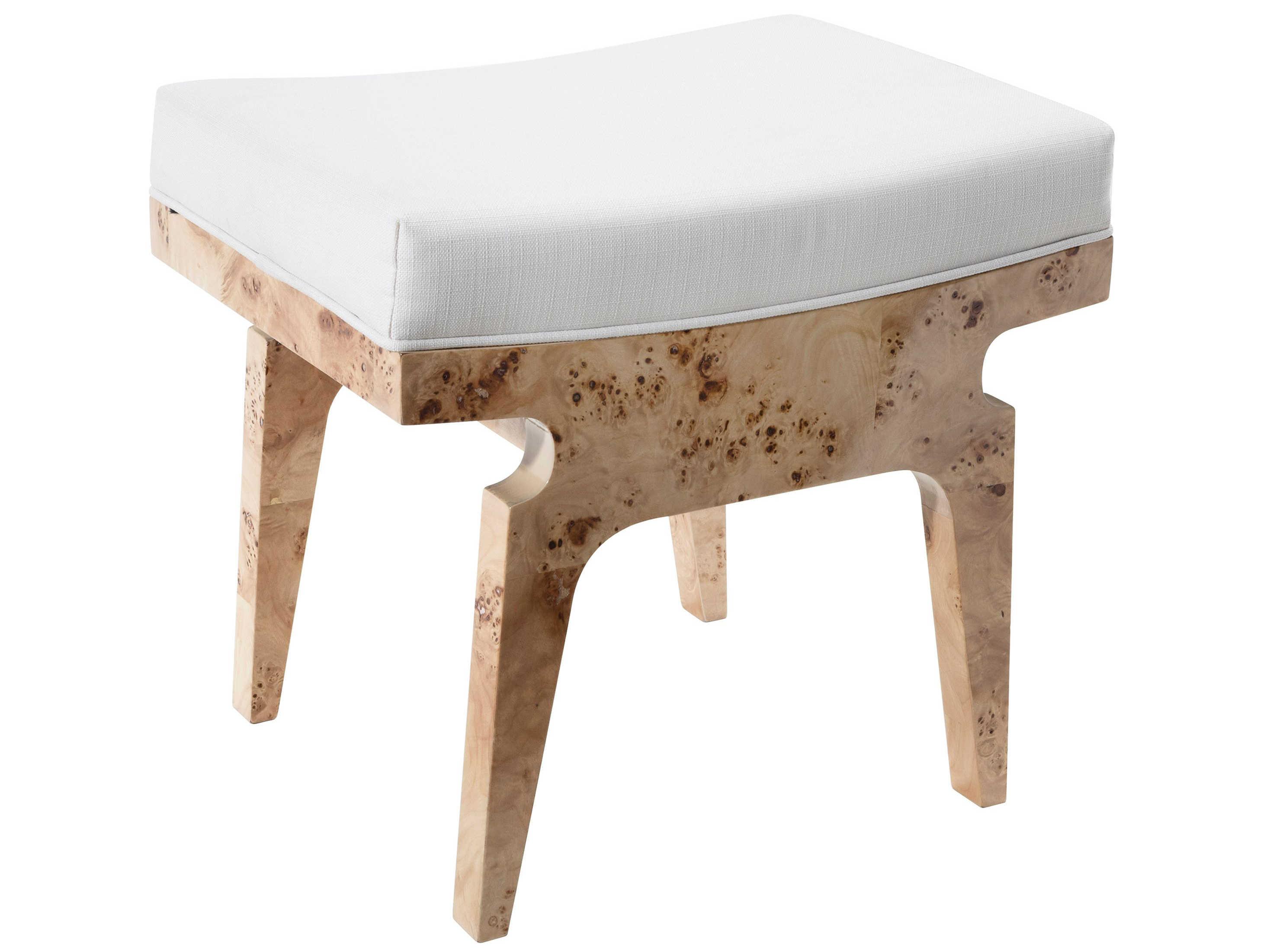 Worlds Away Glossy Burl Wood White Linen Brown Upholstered Accent Stool