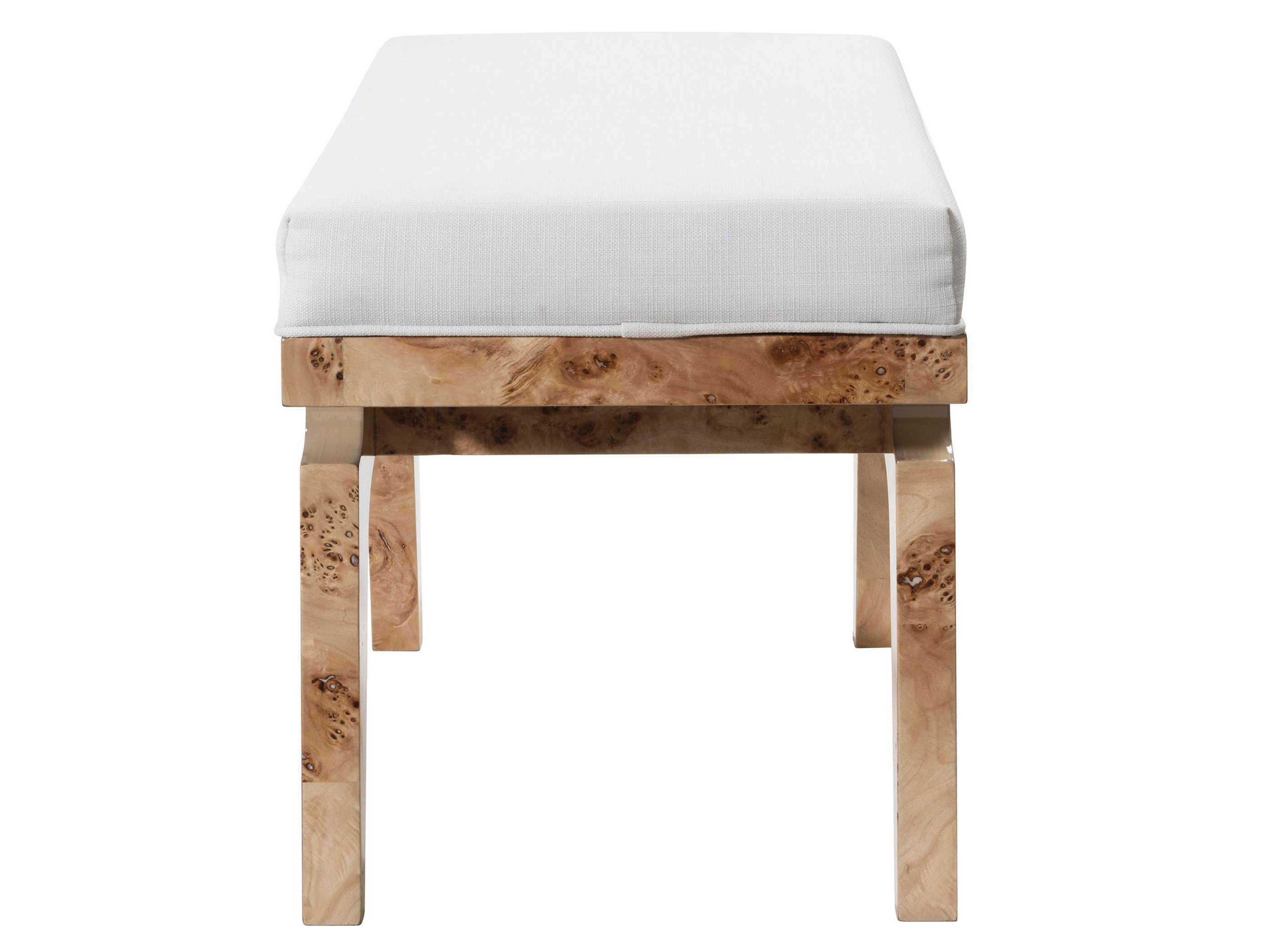 Worlds Away Glossy Burl Wood White Linen Brown Upholstered Accent Stool