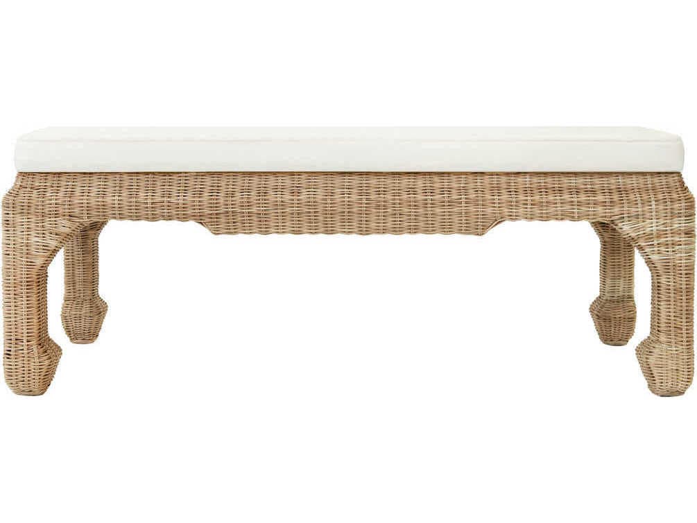 Worlds Away Ivory Linen Natural Rattan White Upholstered Accent Bench