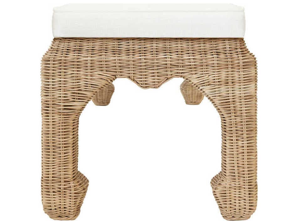 Worlds Away Ivory Linen Natural Rattan White Upholstered Accent Bench