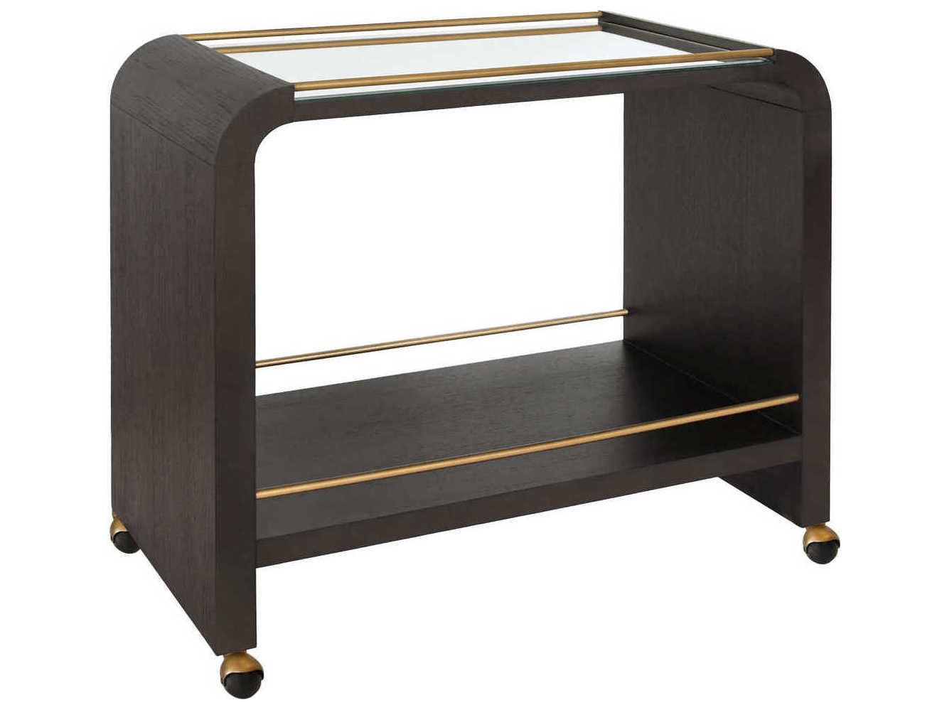 Worlds Away Glass Brown Espresso Oak Antique Brass Bar Cart