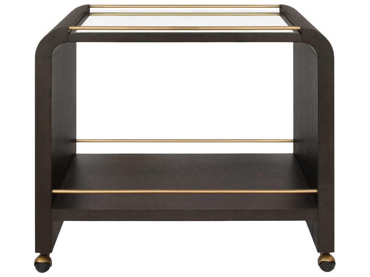 Worlds Away Glass Brown Espresso Oak Antique Brass Bar Cart