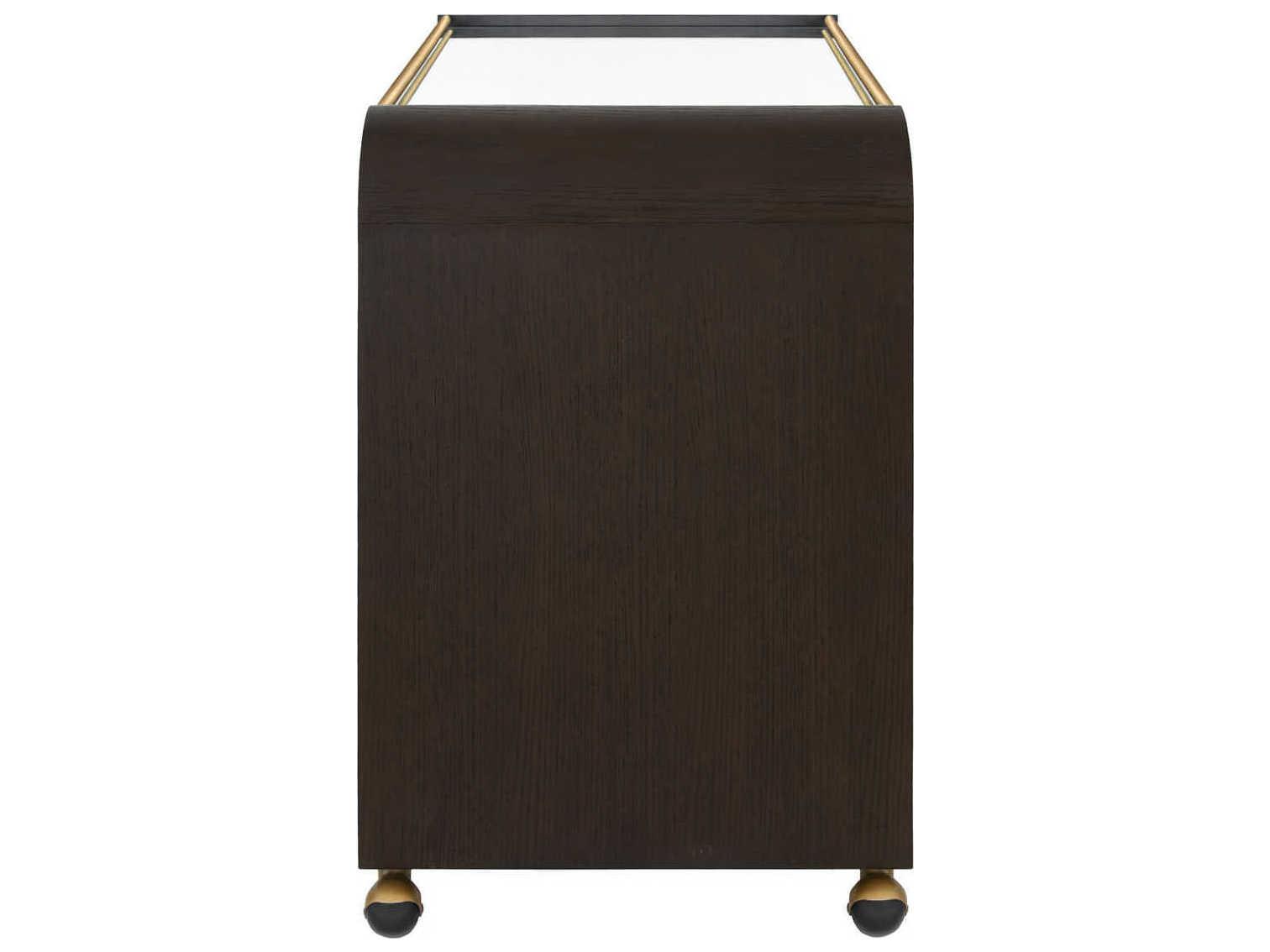 Worlds Away Glass Brown Espresso Oak Antique Brass Bar Cart