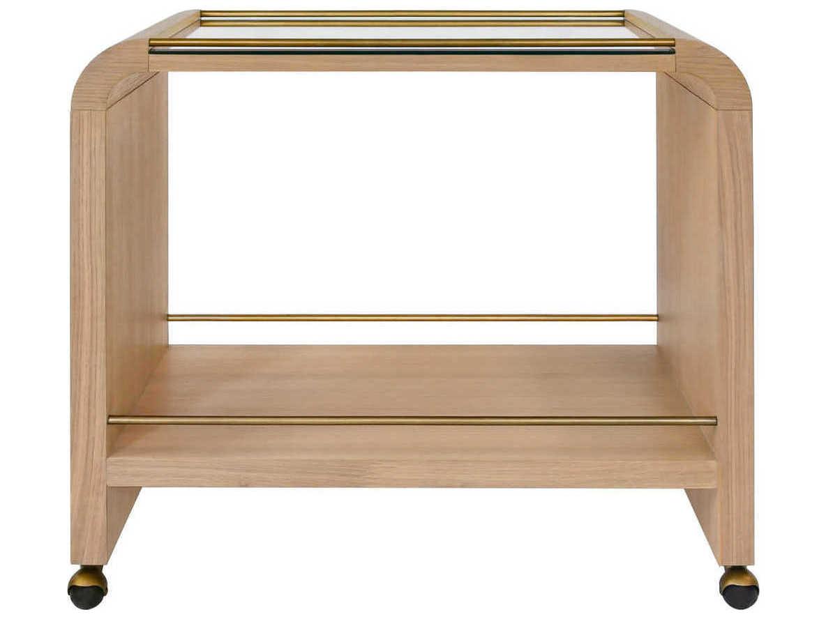 Worlds Away Glass Brown Natural Oak Antique Brass Bar Cart